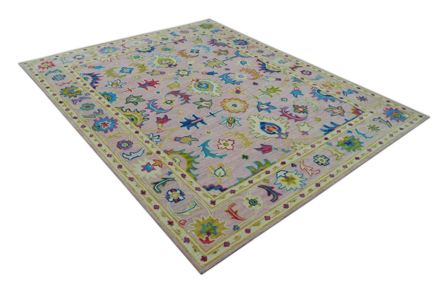8x10 Vibrant Colorful Pink, Olive and Blue Oriental Oushak Hand Tufted area rug