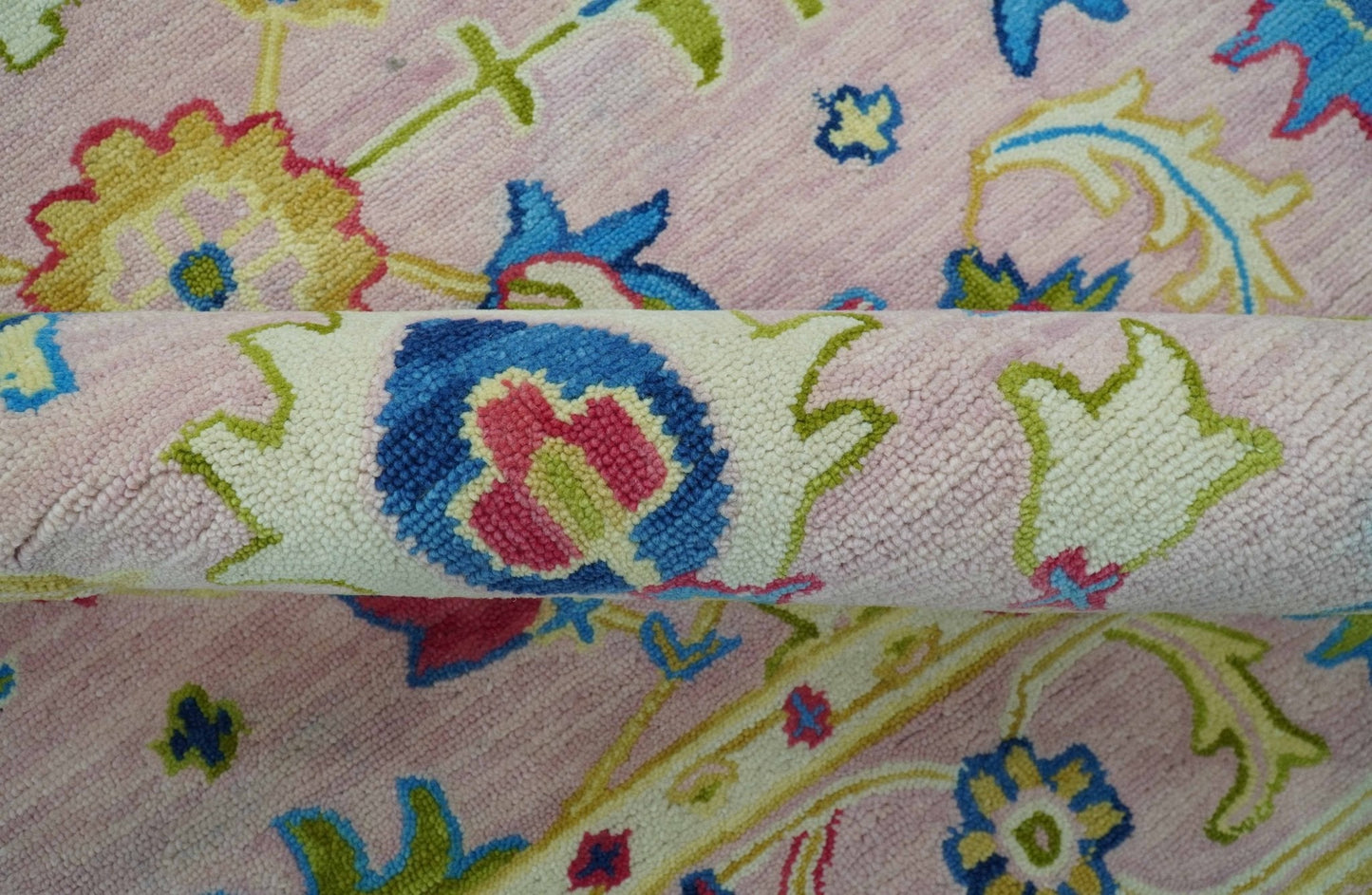 8x10 Vibrant Colorful Pink, Olive and Blue Oriental Oushak Hand Tufted area rug