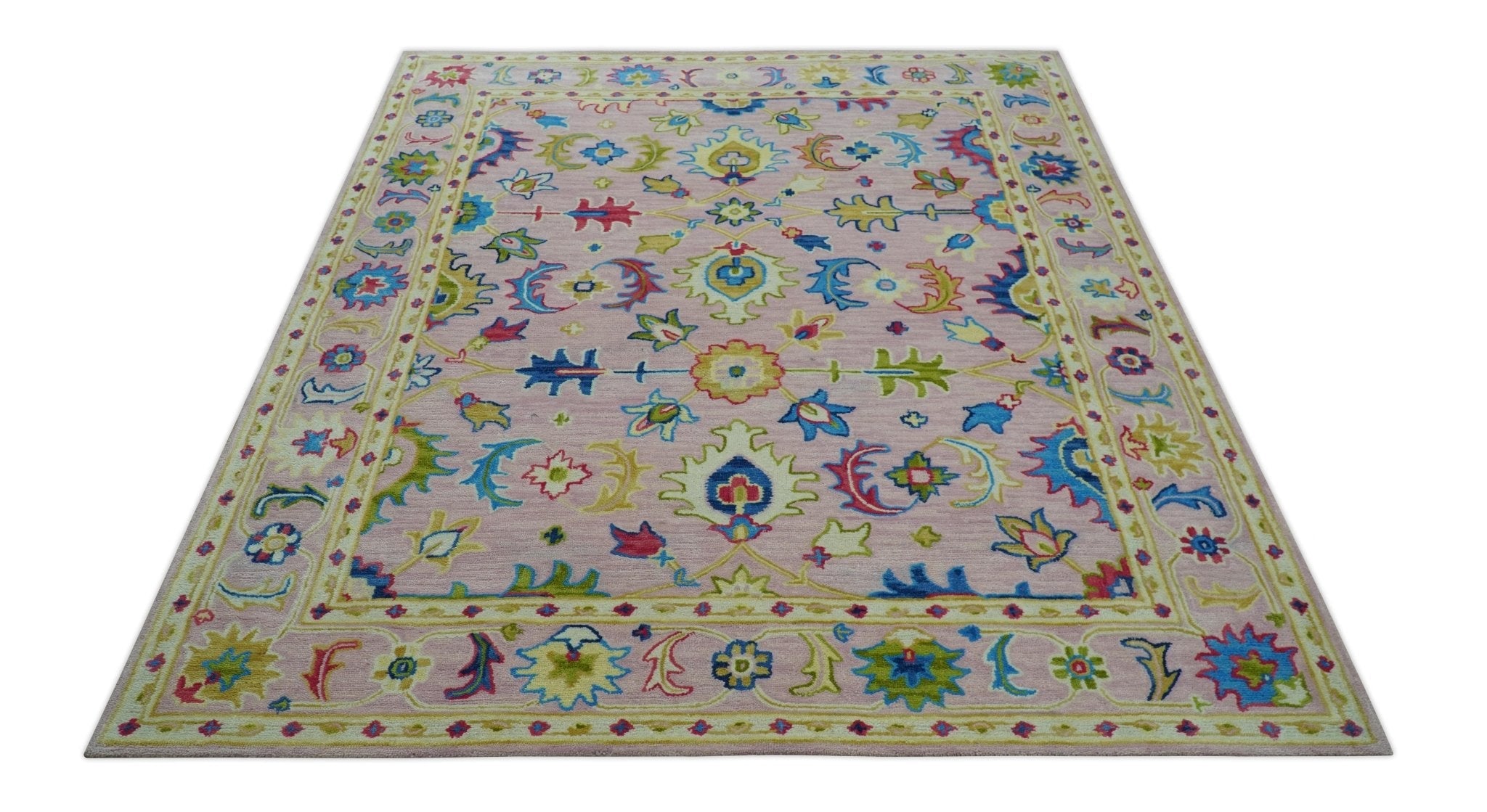 8x10 Vibrant Colorful Pink, Olive and Blue Oriental Oushak Hand Tufted area rug - Arte House