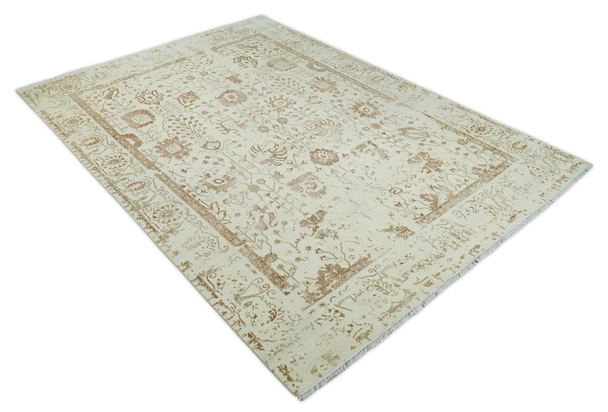9x12 Fine Hand Knotted Beige and Brown Traditional Vintage Persian Style Antique Wool and Silk Rug | AGR46 - Arte House