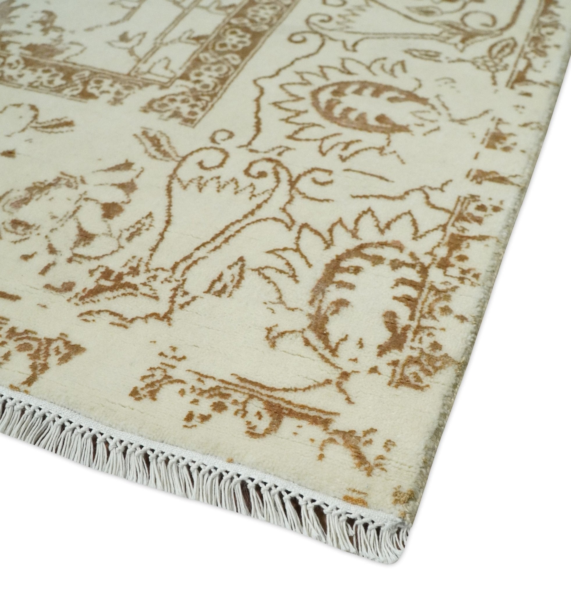 9x12 Fine Hand Knotted Beige and Brown Traditional Vintage Persian Style Antique Wool and Silk Rug | AGR46 - Arte House
