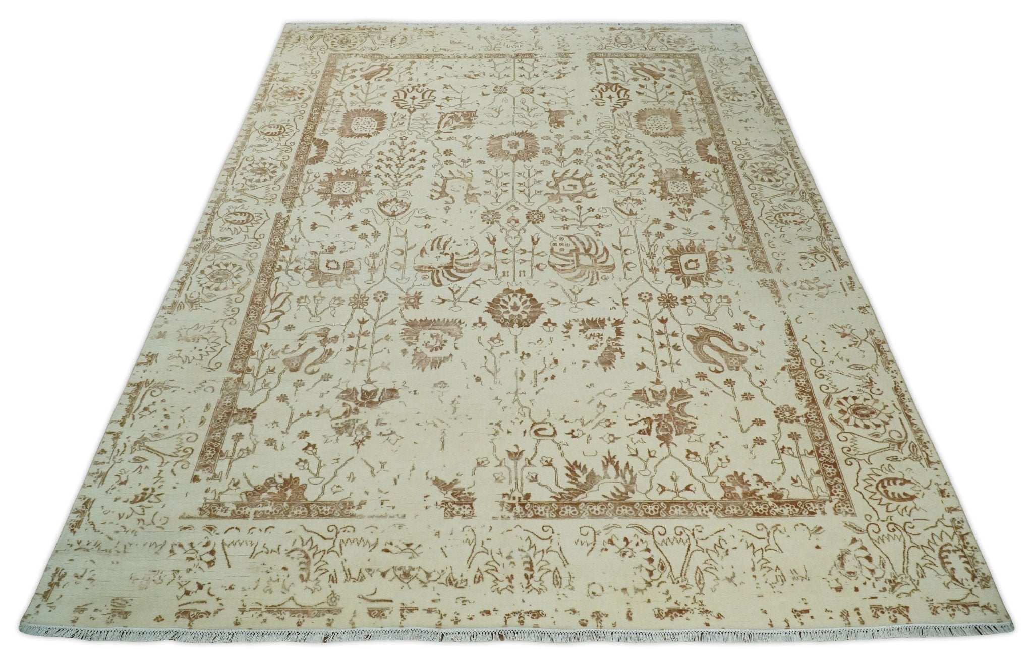 9x12 Fine Hand Knotted Beige and Brown Traditional Vintage Persian Style Antique Wool and Silk Rug | AGR46 - Arte House