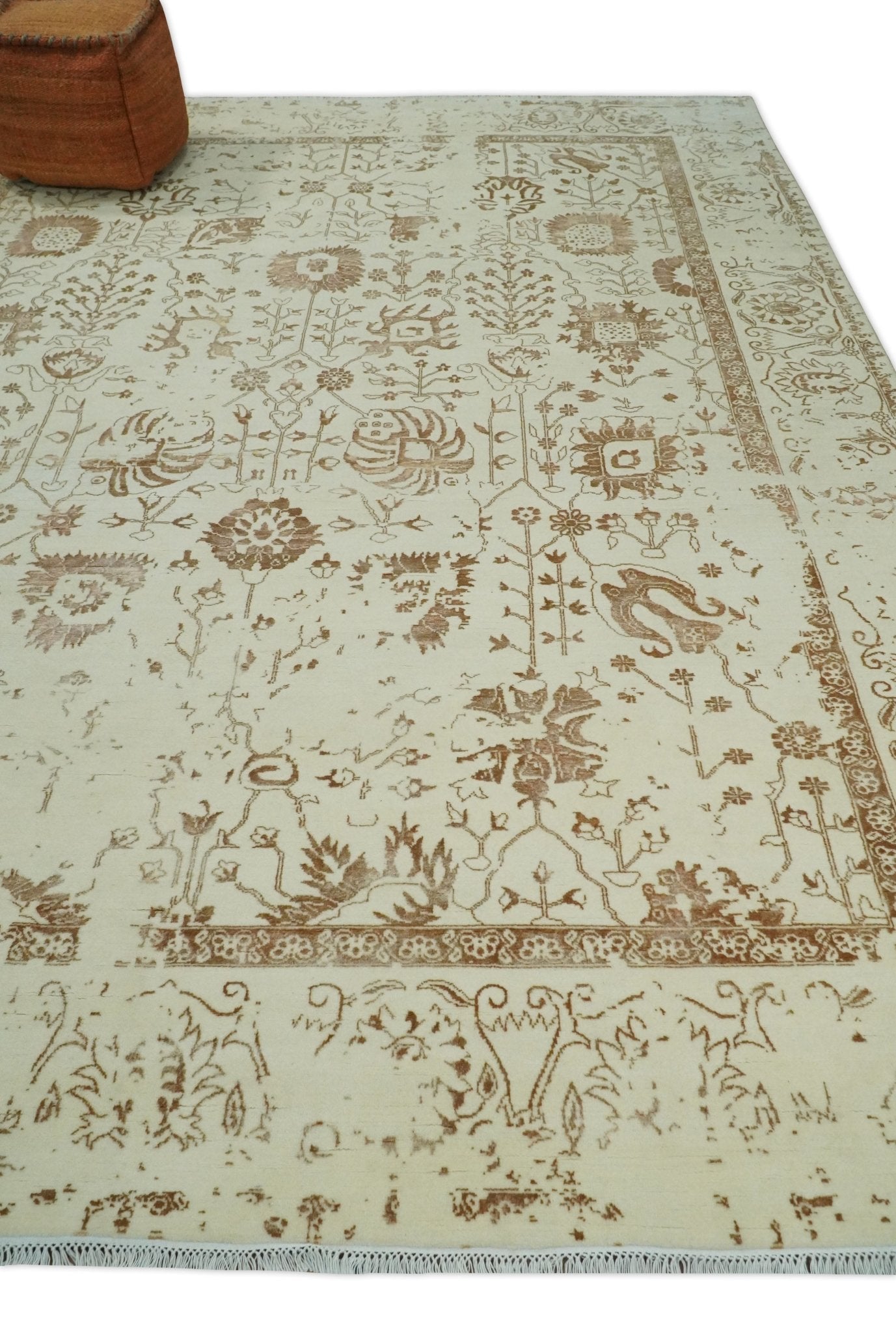 9x12 Fine Hand Knotted Beige and Brown Traditional Vintage Persian Style Antique Wool and Silk Rug | AGR46 - Arte House