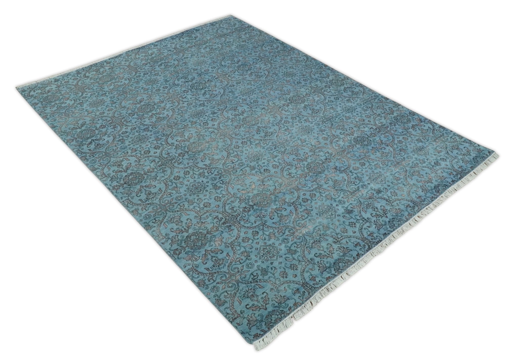9x12 Fine Hand Knotted Blue and Brown Traditional Vintage Persian Wool and Silk Area Rug | AGR32 - Arte House