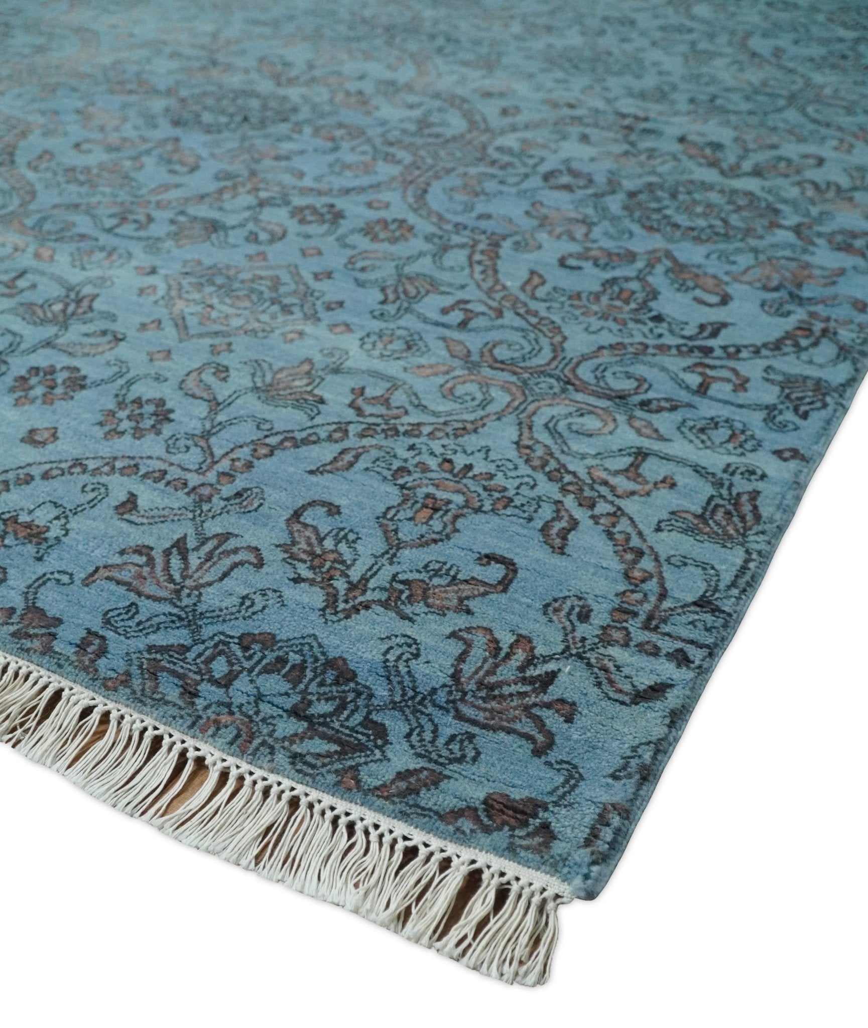 9x12 Fine Hand Knotted Blue and Brown Traditional Vintage Persian Wool and Silk Area Rug | AGR32 - Arte House