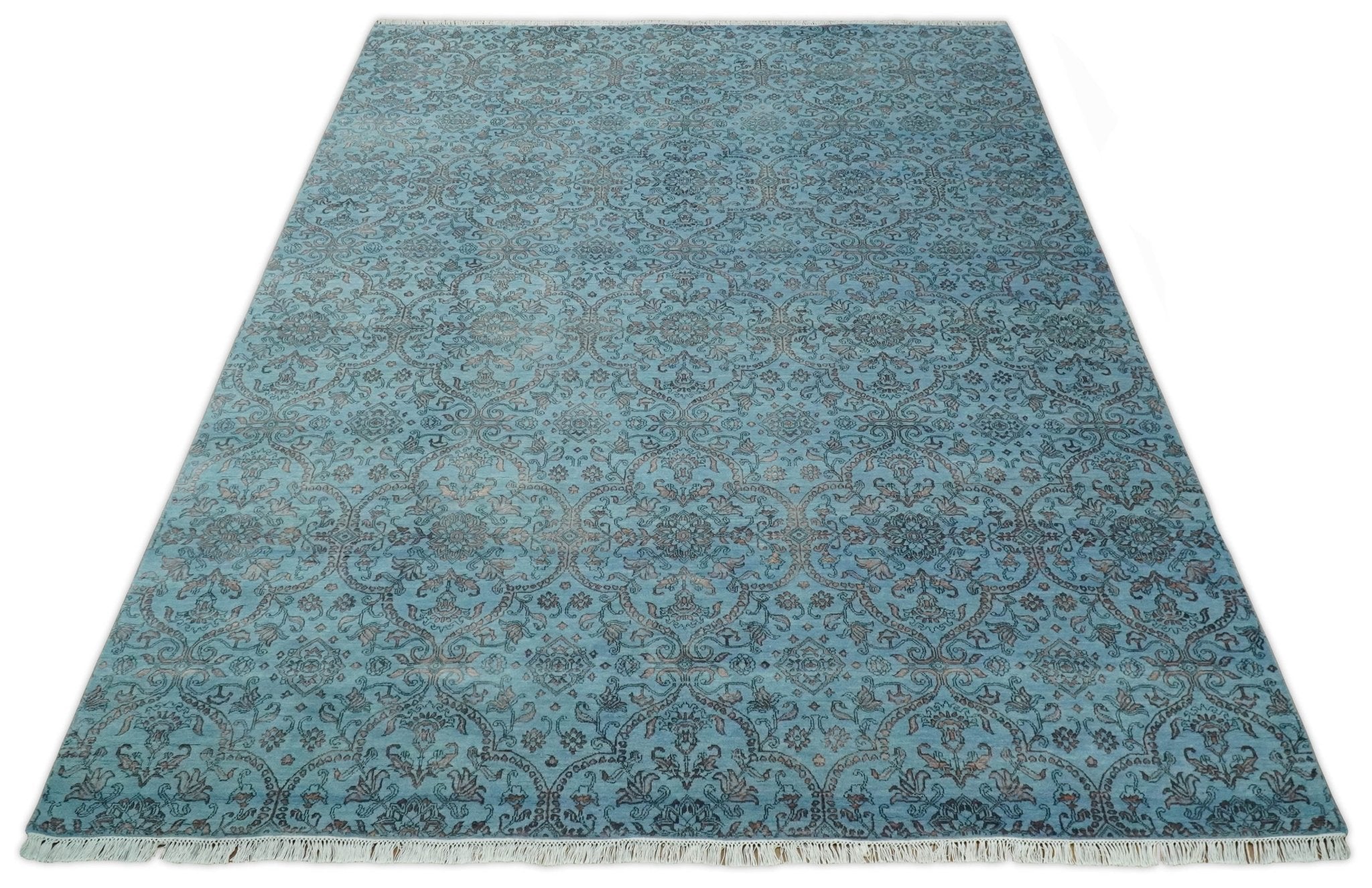 9x12 Fine Hand Knotted Blue and Brown Traditional Vintage Persian Wool and Silk Area Rug | AGR32 - Arte House