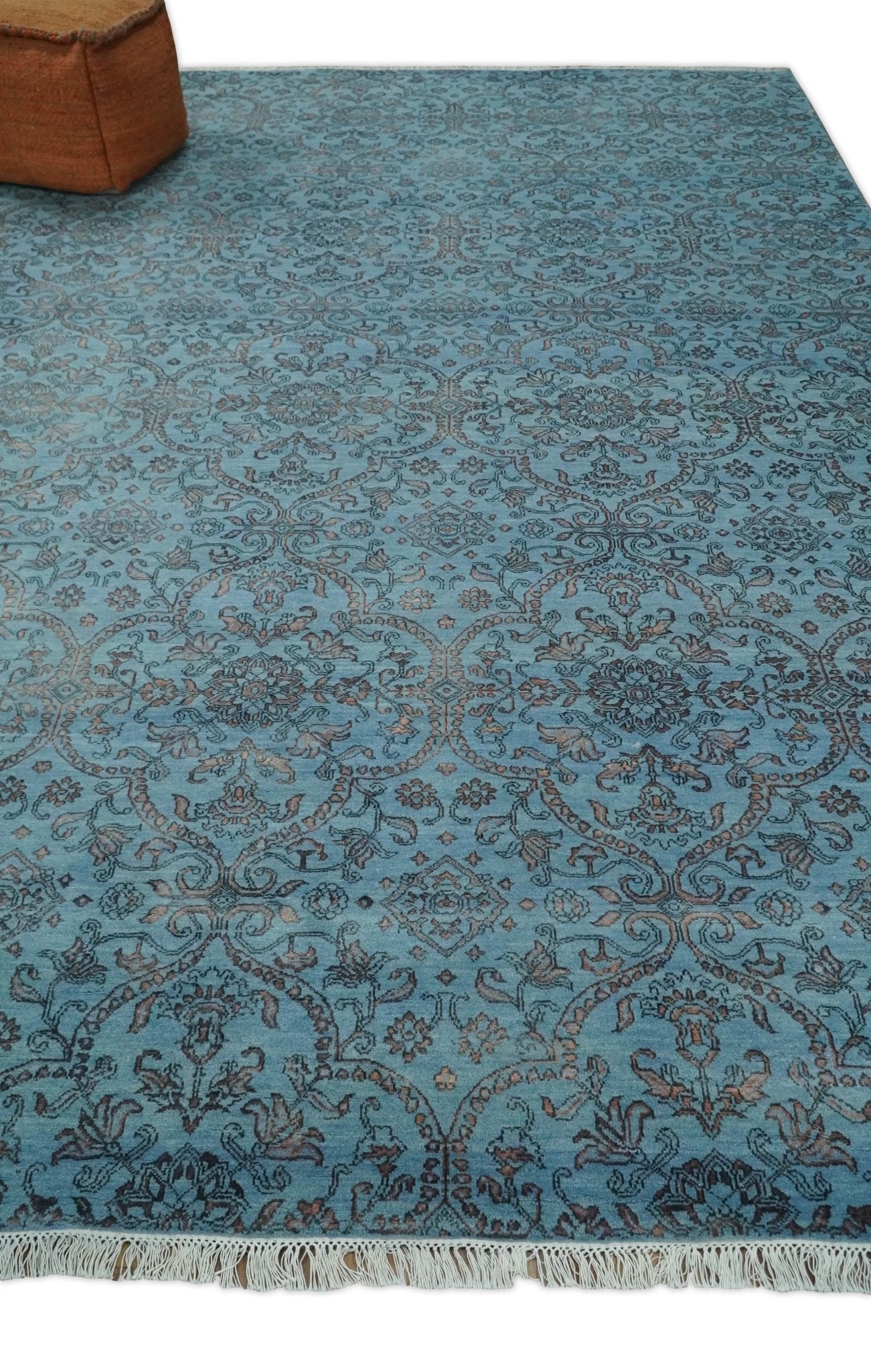 9x12 Fine Hand Knotted Blue and Brown Traditional Vintage Persian Wool and Silk Area Rug | AGR32 - Arte House