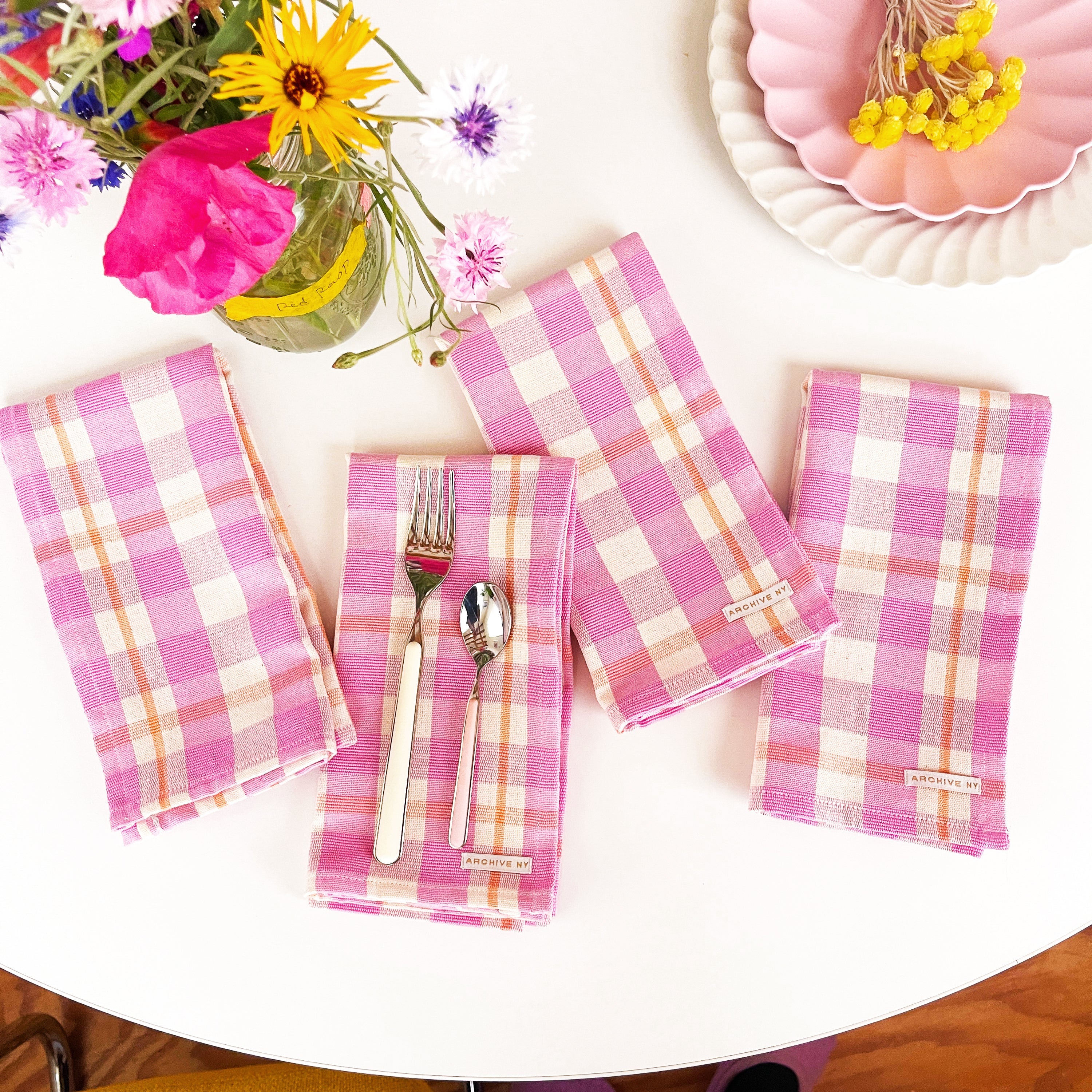 Abigail Plaid Dinner Napkin in Bubblegum and Peach - Arte House
