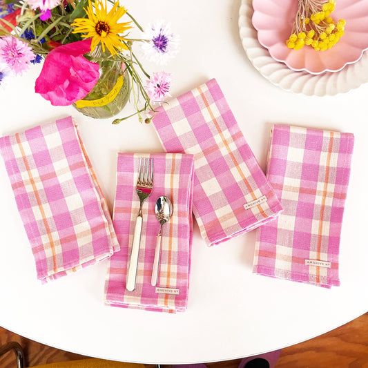 Abigail Plaid Dinner Napkin in Bubblegum and Peach