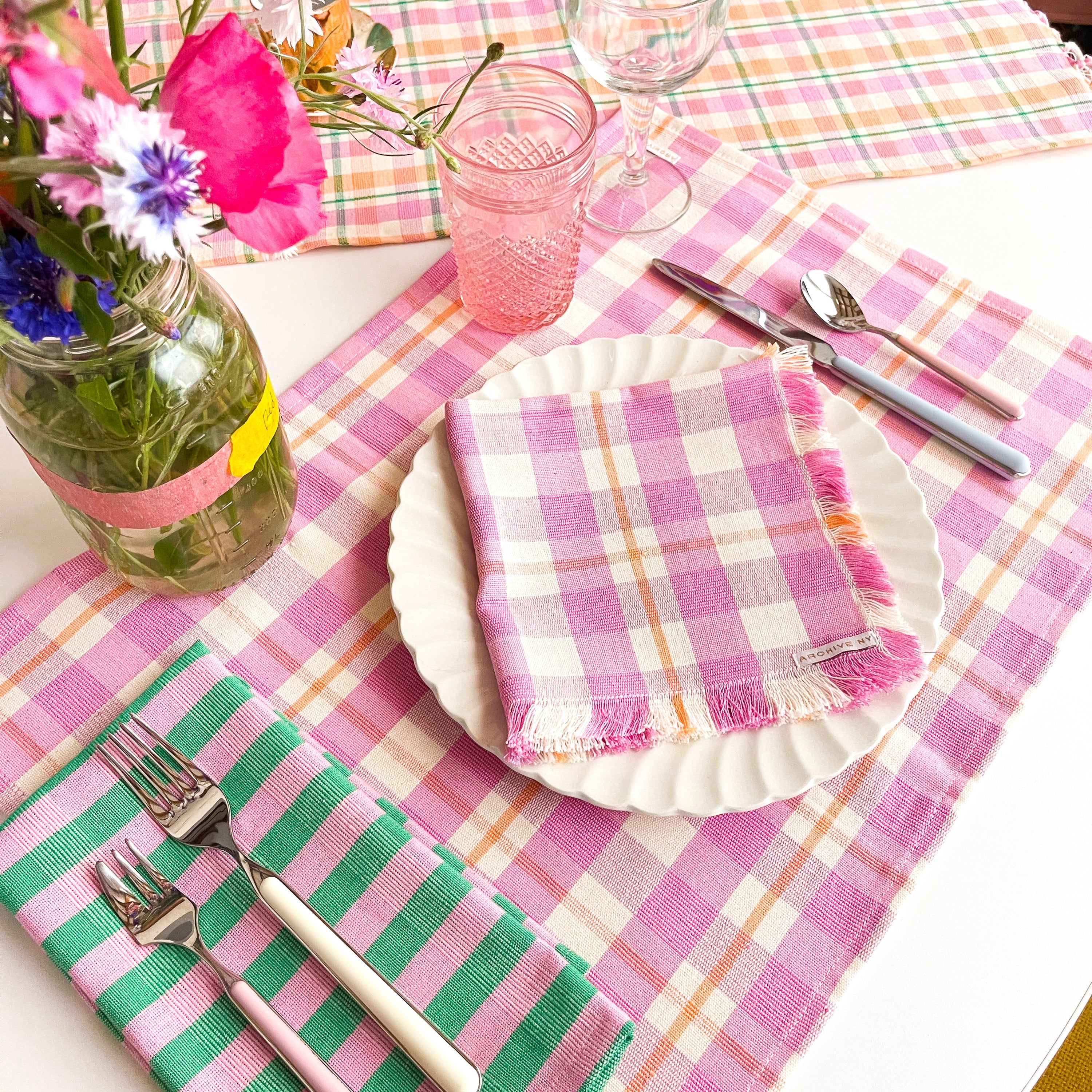 Abigail Plaid Party Napkin in Bubblegum and Peach - Arte House