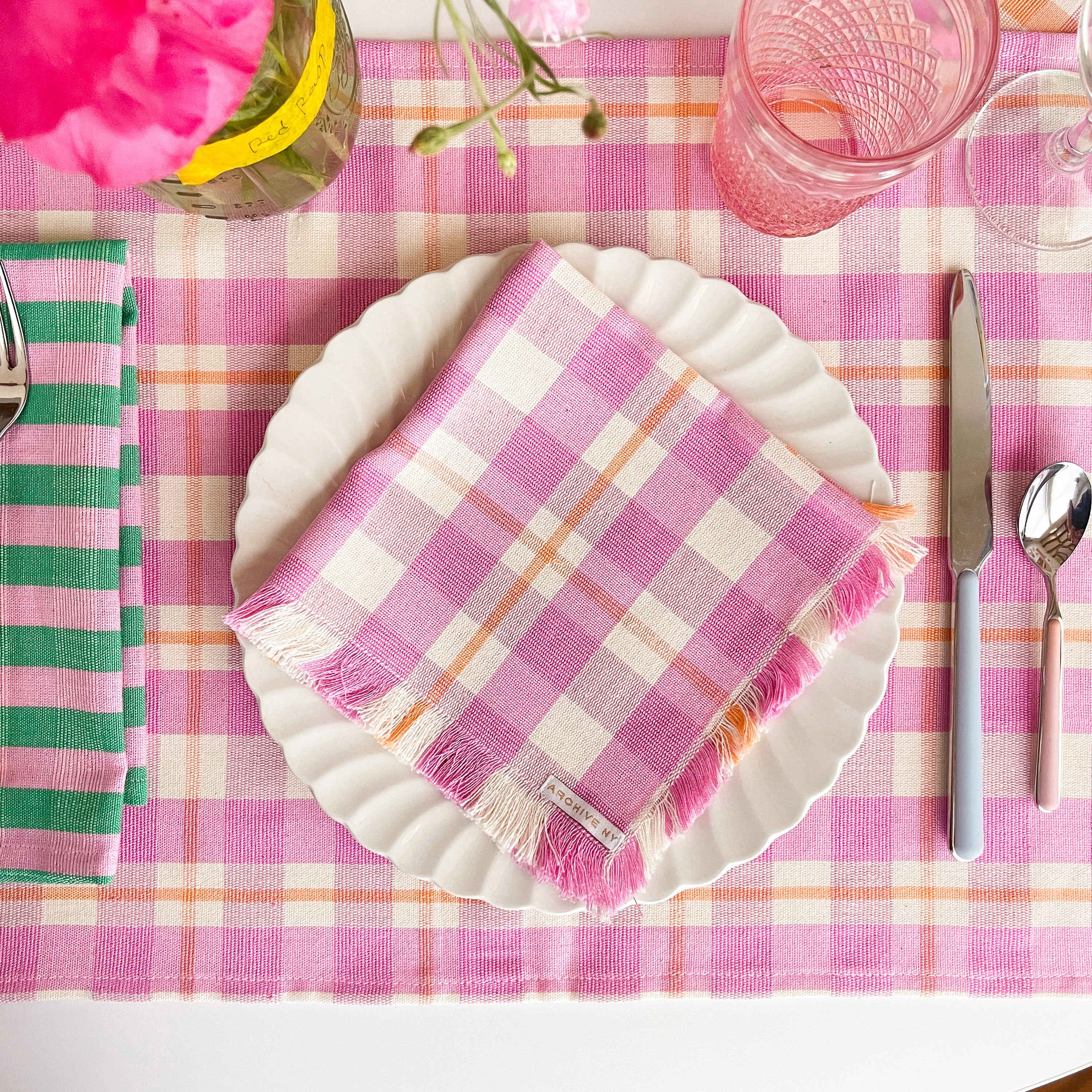Abigail Plaid Party Napkin in Bubblegum and Peach - Arte House