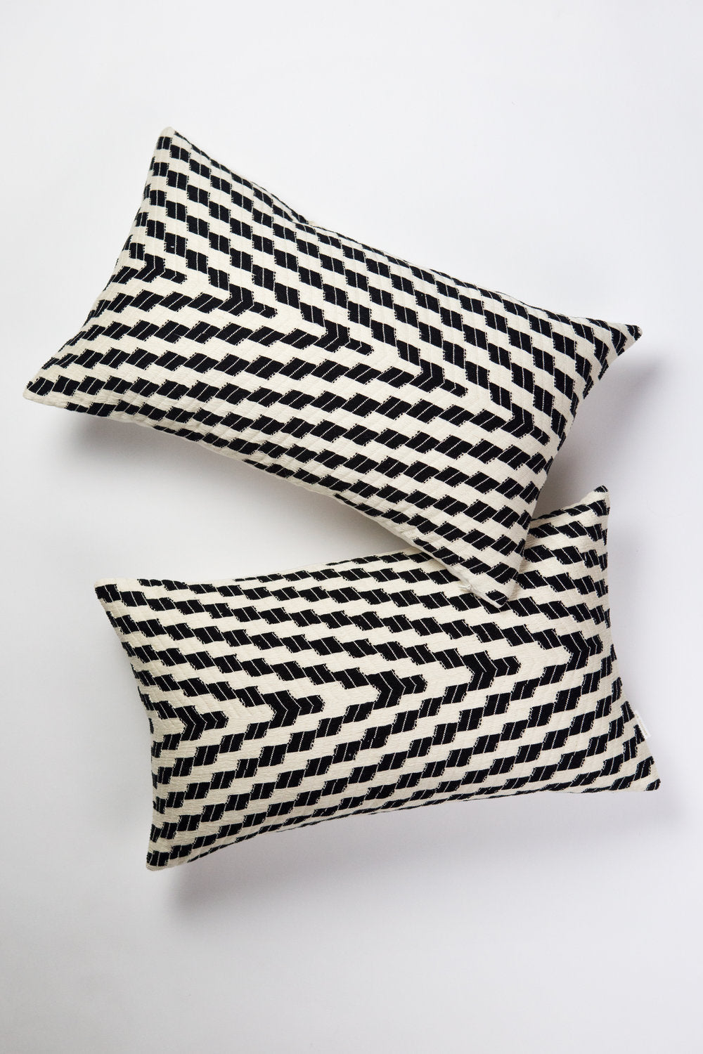 Two black and white patterned pillows on a light gray background