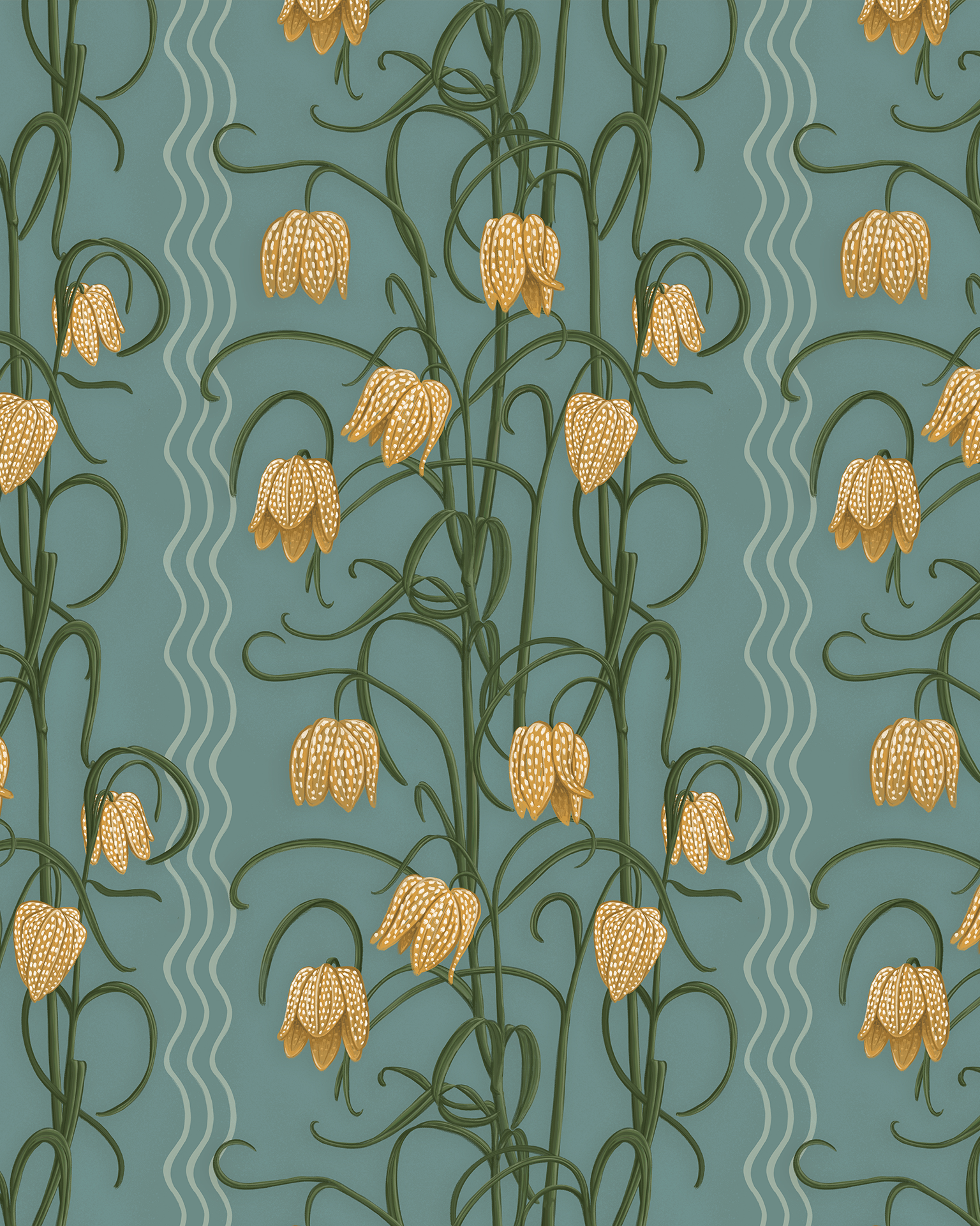 Campanas Wallpaper, dusty blue and marigold
