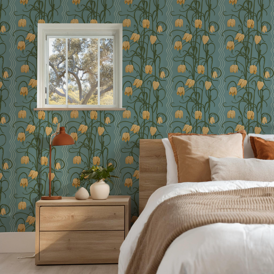 Campanas Wallpaper, dusty blue and marigold