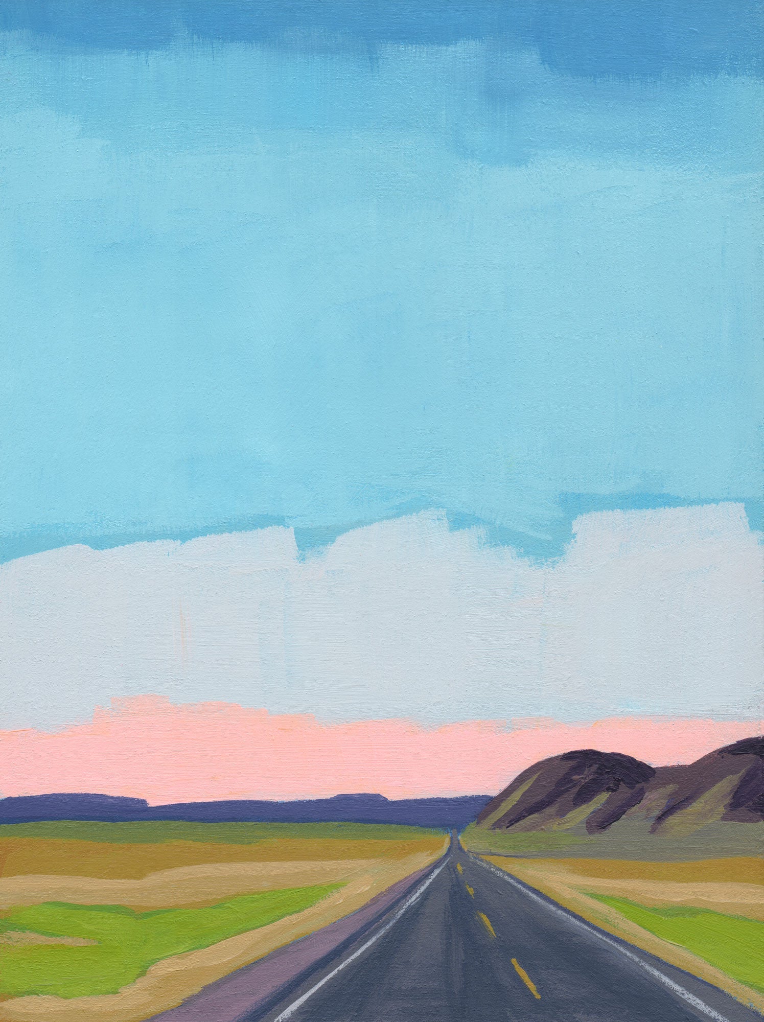 Painting of a road leading to mountains with a blue sky and pink clouds.