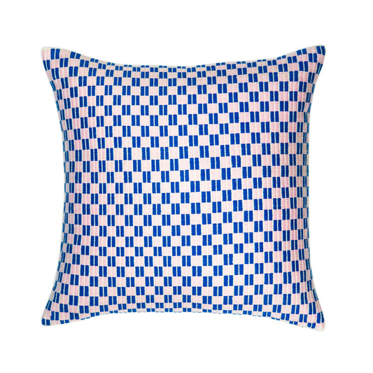 Checkered Brocade Pillow - Pink & Blue  - Square