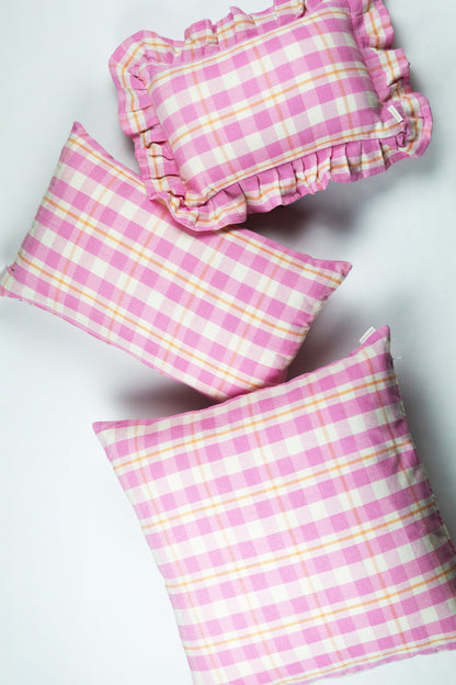 Abigail Plaid Rectangle Pillow in Bubblegum and Peach
