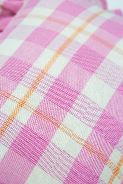 Abigail Plaid Square Pillow in Bubblegum and Peach