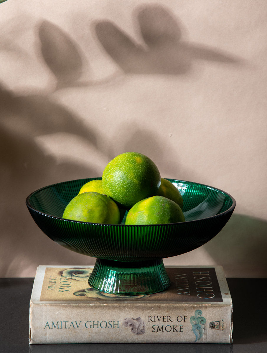 Ribbed Glass Bowl, Green -10 x 10 x 5 Inches - Arte House