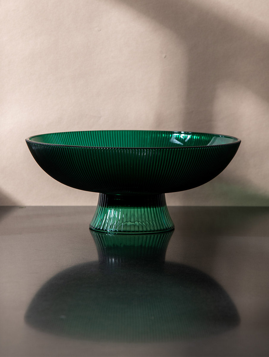 Ribbed Glass Bowl, Green -10 x 10 x 5 Inches - Arte House