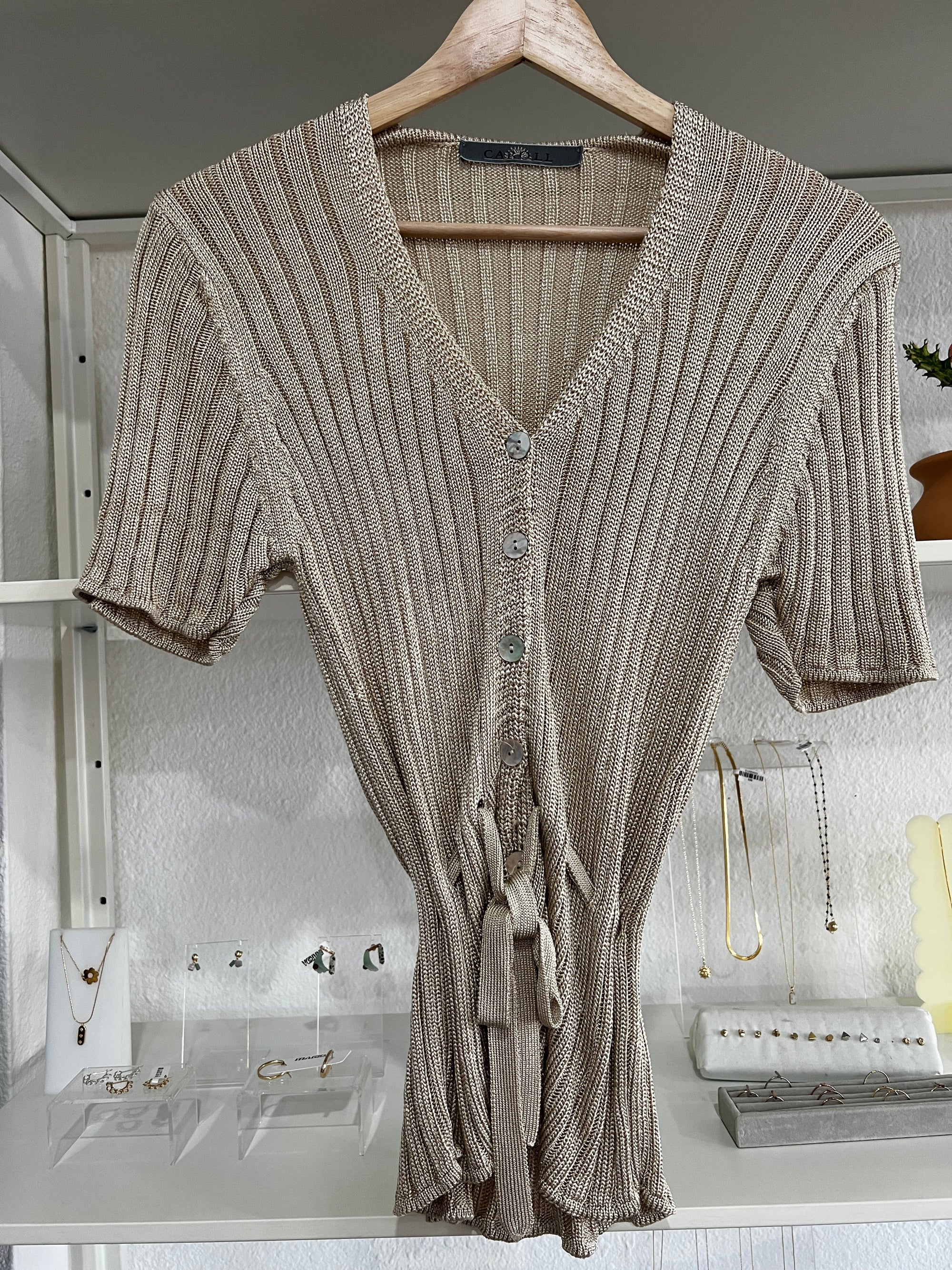 1990s Cream Knit Button Up Blouse w/ Waist Tie