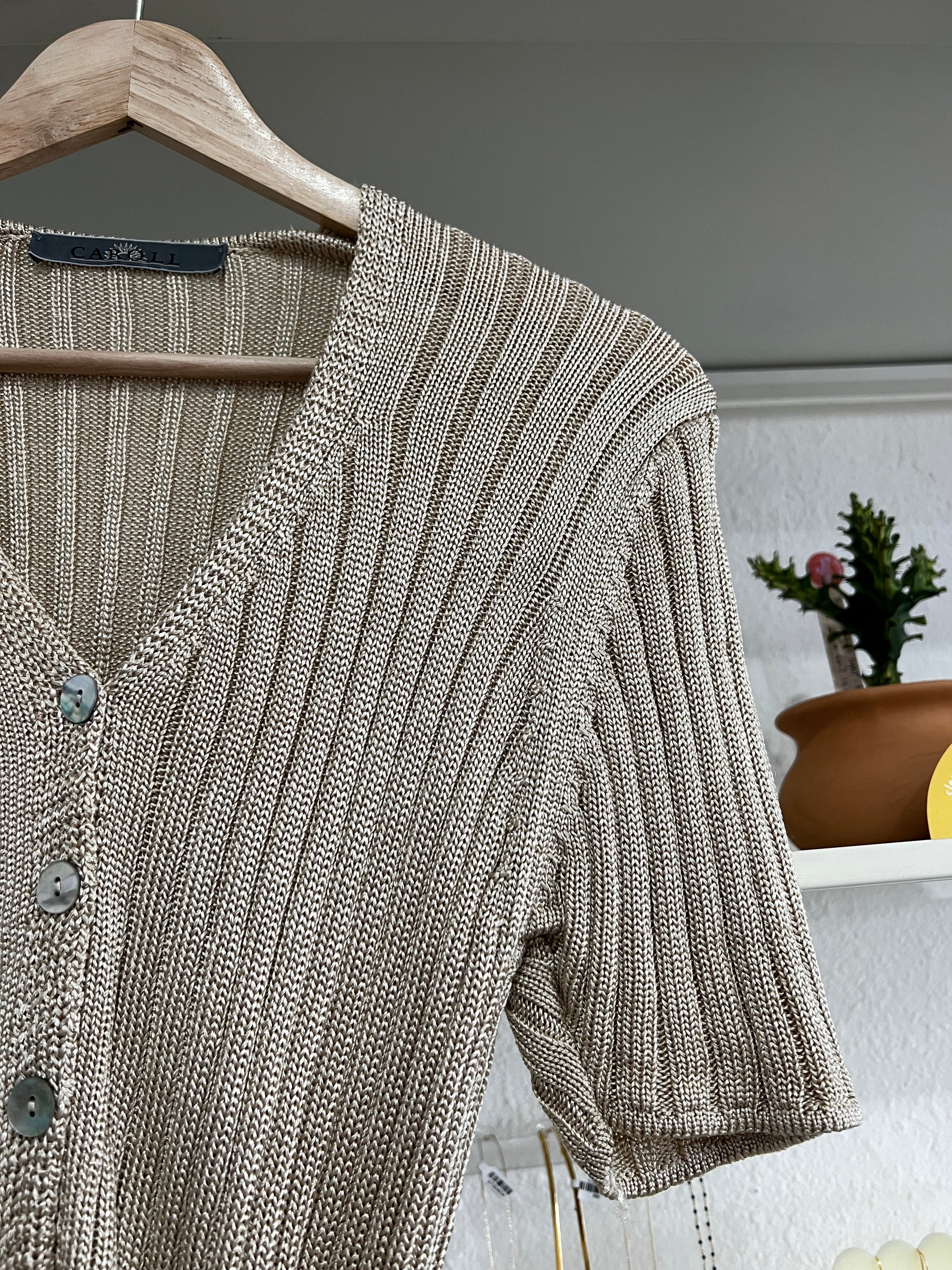 1990s Cream Knit Button Up Blouse w/ Waist Tie