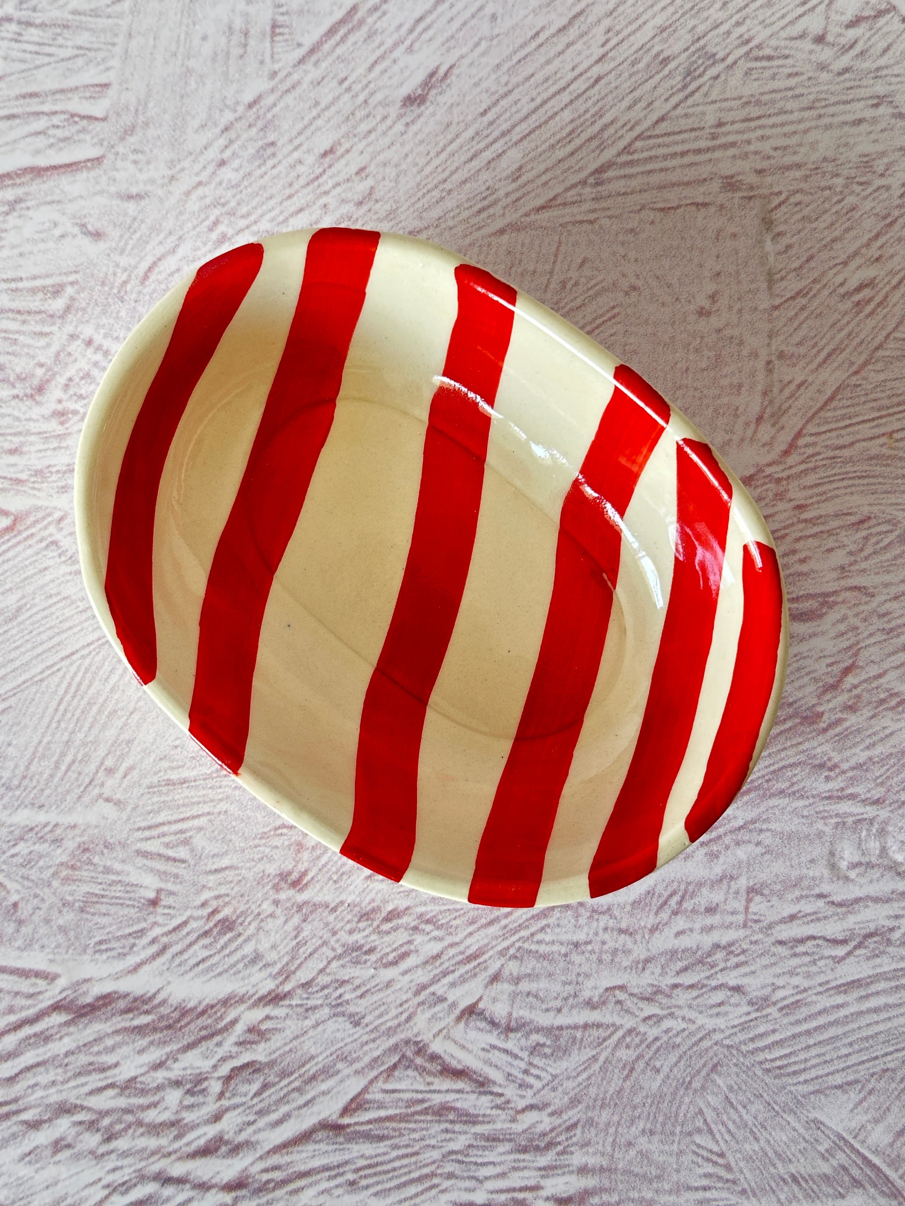 Ceramic stripe Bowl, Red 7x5x2 Inches (Set of 4) - Arte House