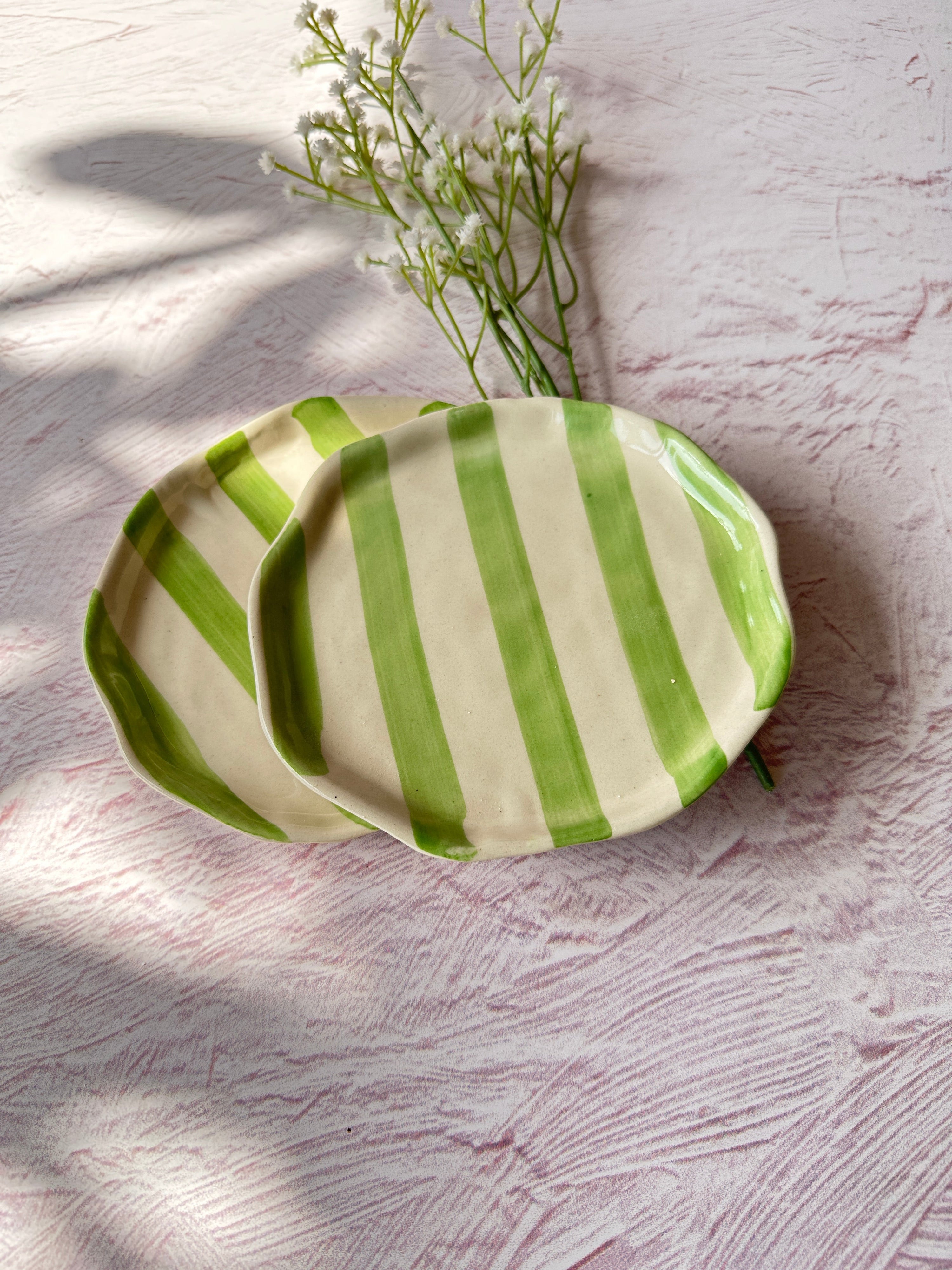Ceramic Green stripe plate, 6.3x6.3 Inches (Set of 4) - Arte House