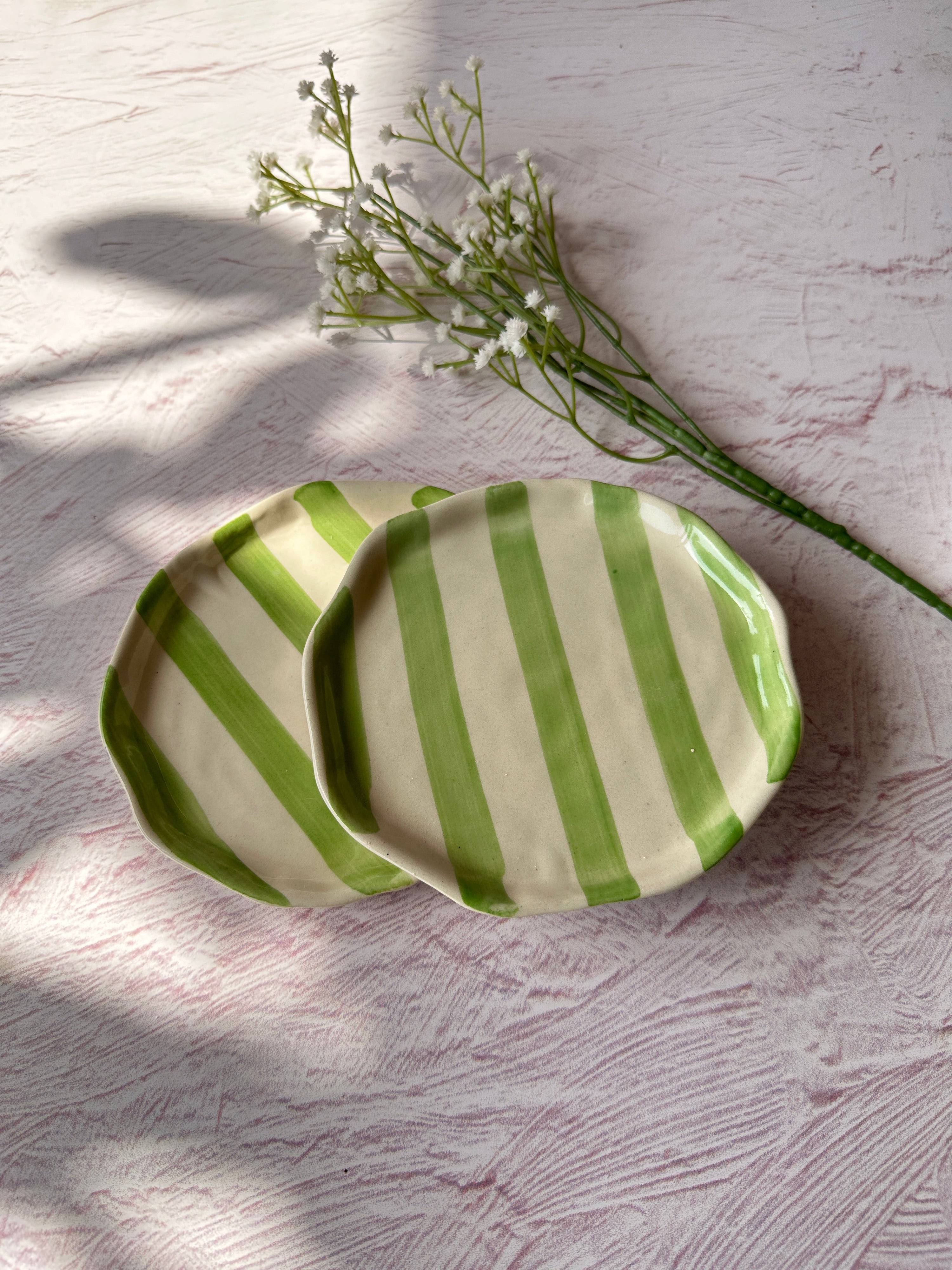 Ceramic Green stripe plate, 6.3x6.3 Inches (Set of 4) - Arte House
