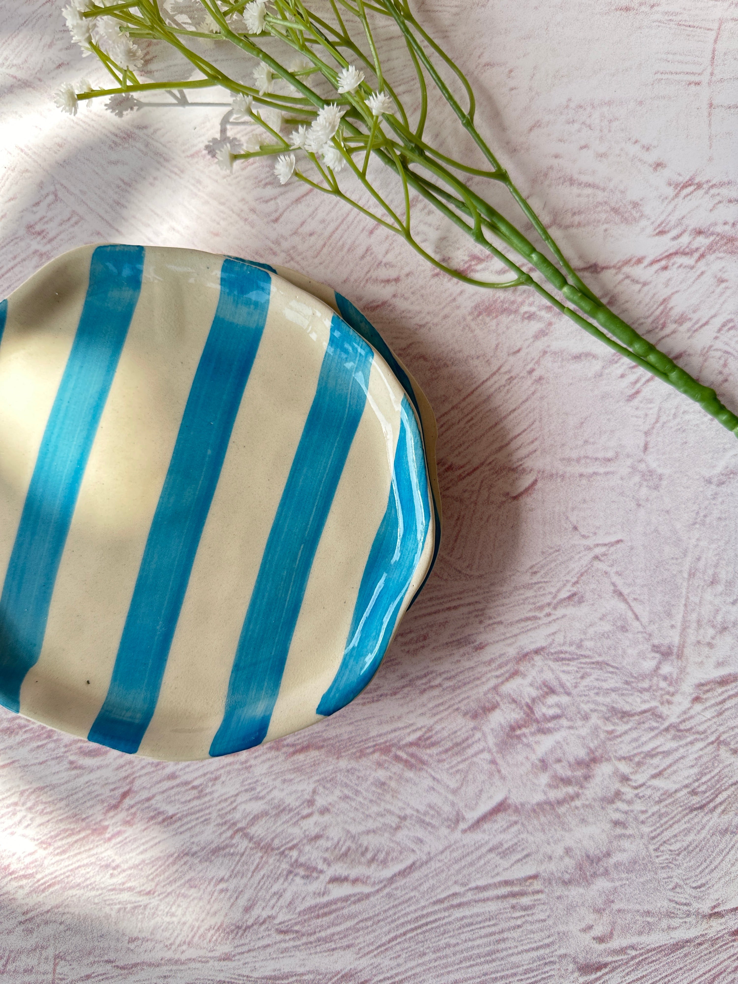 Ceramic Aqua stripe plate, 6.3x6.3 Inches (Set of 4) - Arte House