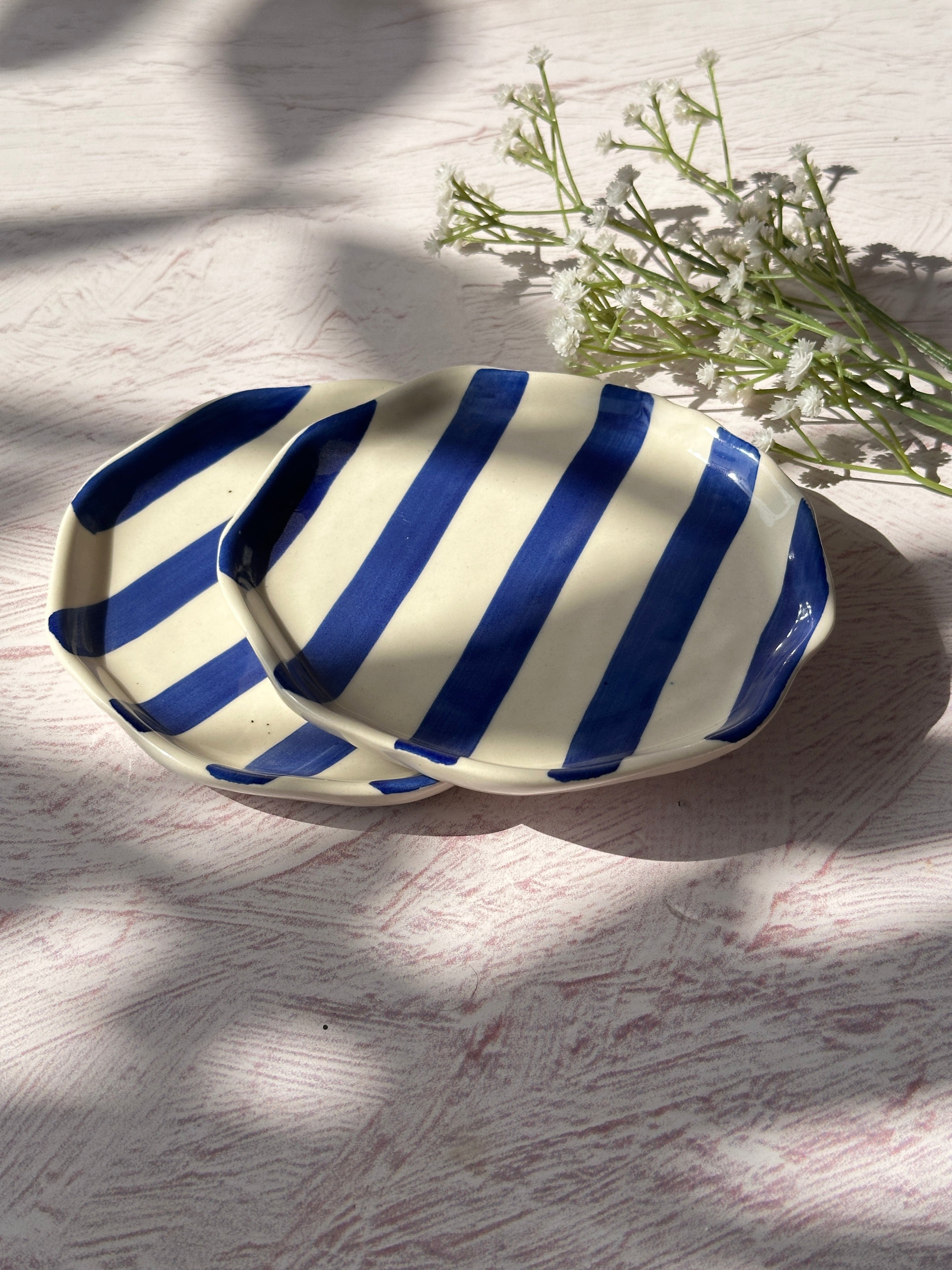 Ceramic Blue stripe plate, 6.3x6.3 Inches (Set of 4) - Arte House