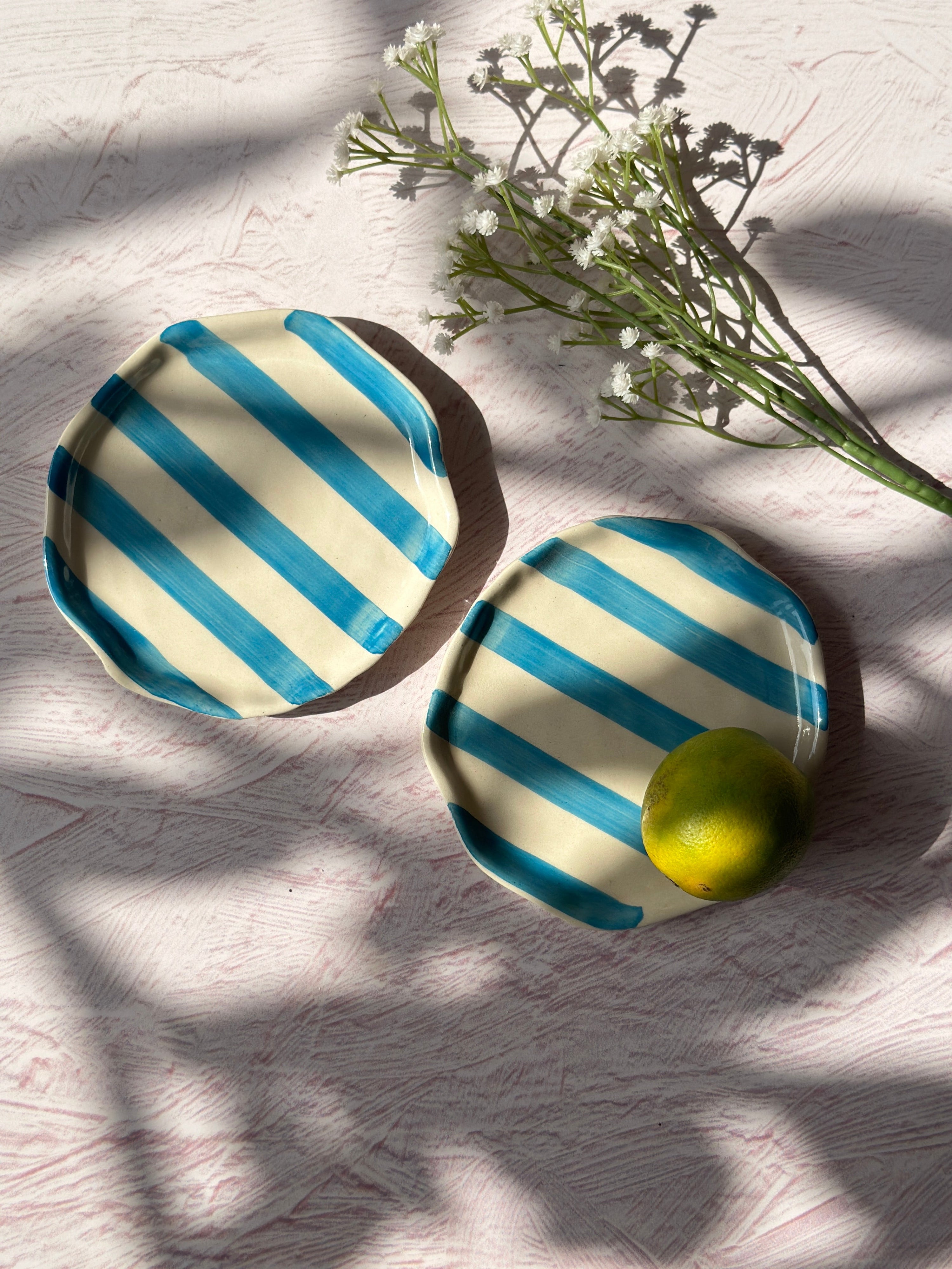 Ceramic Aqua stripe plate, 6.3x6.3 Inches (Set of 4) - Arte House