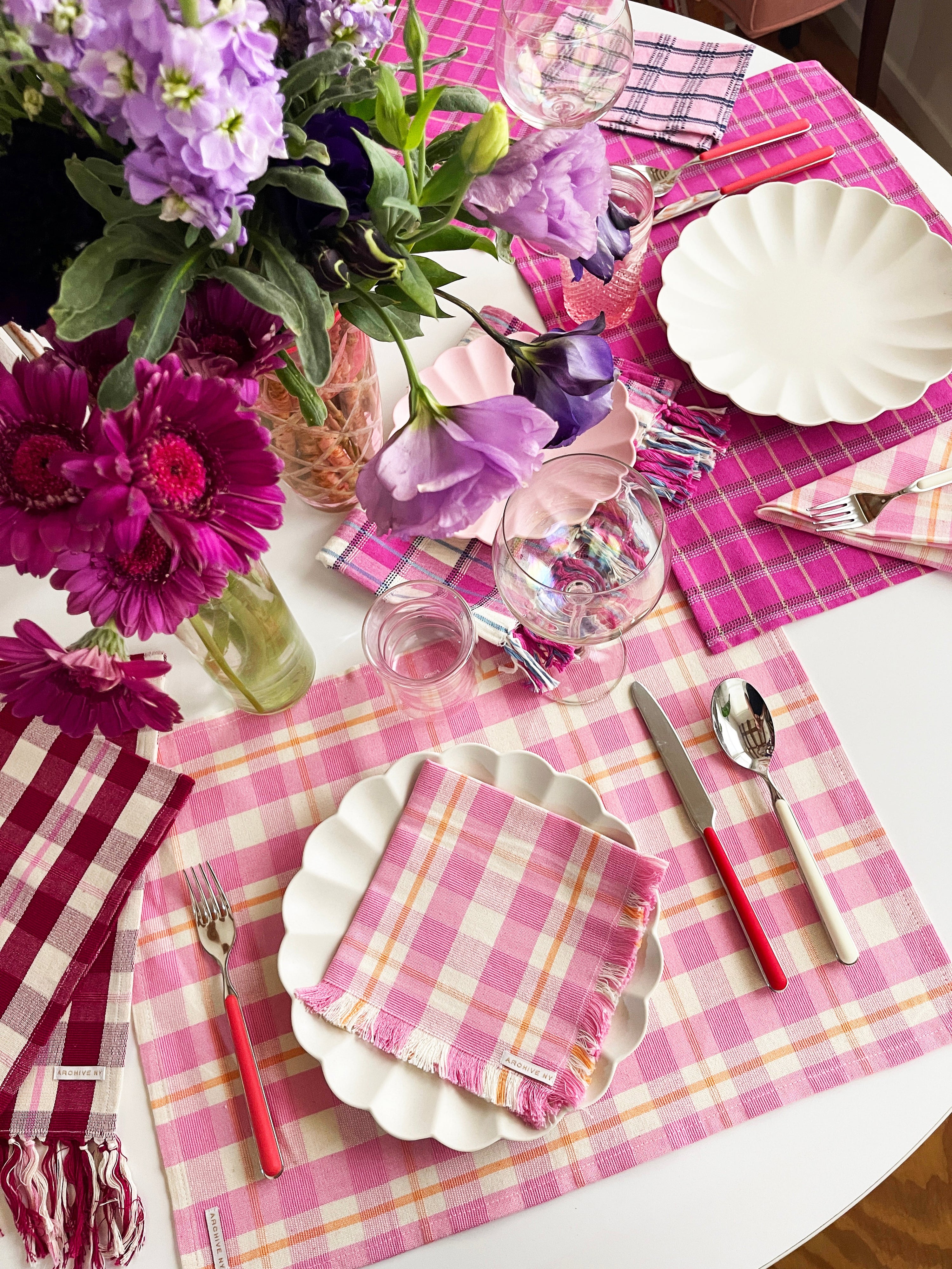 Abigail Plaid Party Napkin in Bubblegum and Peach - Arte House