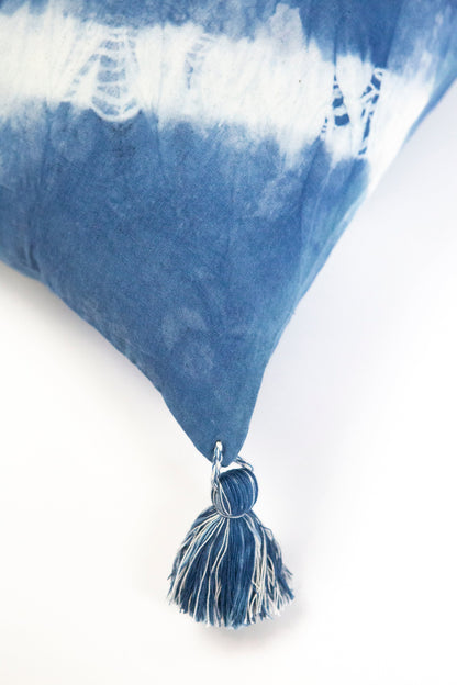 Indigo Diagonal Shibori Tassel Lumbar Pillow 12" x 20"