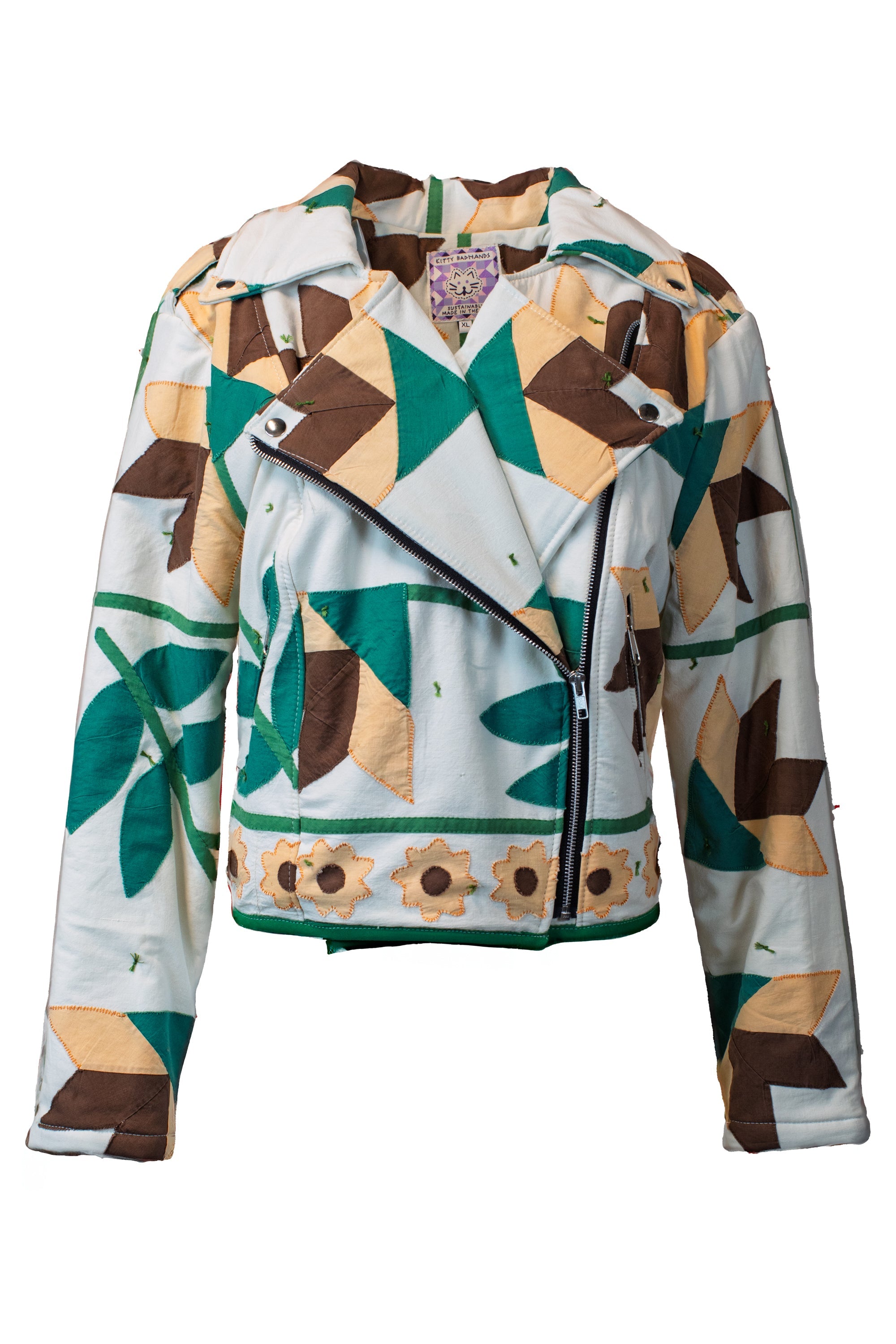 Floral Applique Cropped Biker Jacket (XL)