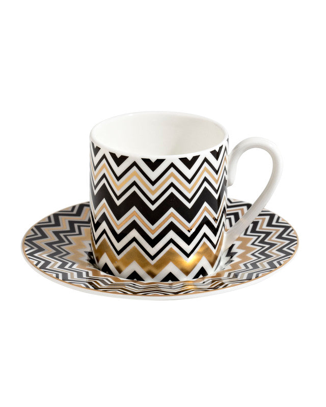 Coffee Cup & Saucer ZIG ZAG Set of 2 in Luxury Box Gold diam. 2.3", H 2.5", Cap. 4 oz, Saucer diam. 4.75" - Arte House