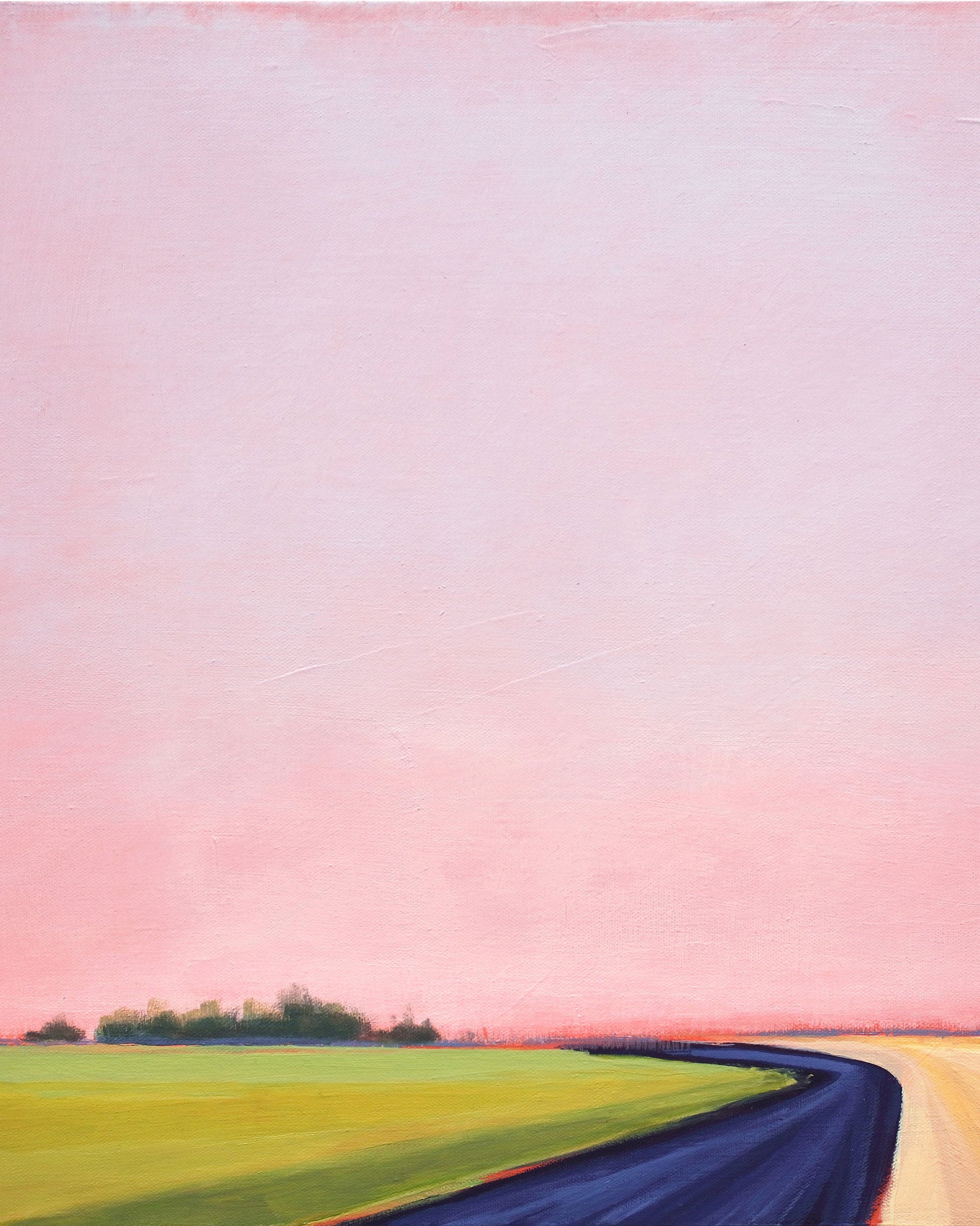 Surreal landscape with a pink sky and green fields.
