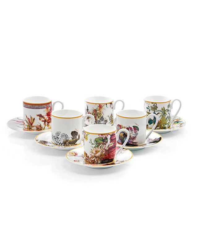 Coffee Cup & Saucer FLOWERS Set of 6 in Luxury Box  diam. 2.3", H 2.5", Cap. 4 oz, Saucer diam. 4.75" - Arte House
