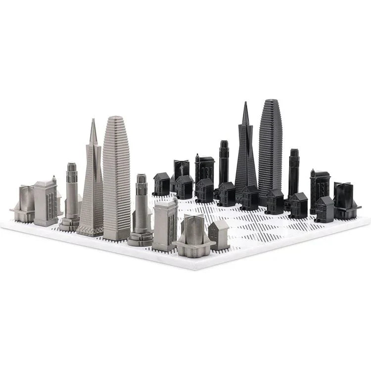 Chess Set Stainless Steel SAN FRANCISCO Edition with Marble Hatch Board - Arte House