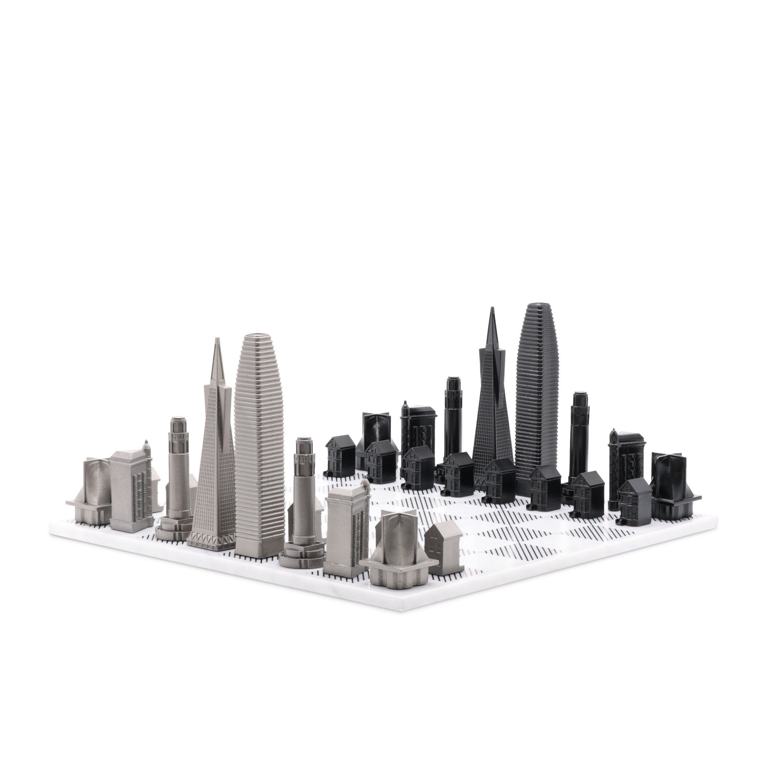 Chess Set Stainless Steel SAN FRANCISCO Edition with Marble Hatch Board - Arte House
