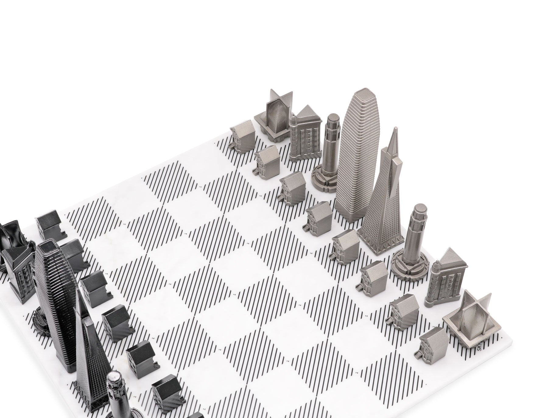 Chess Set Stainless Steel SAN FRANCISCO Edition with Marble Hatch Board - Arte House