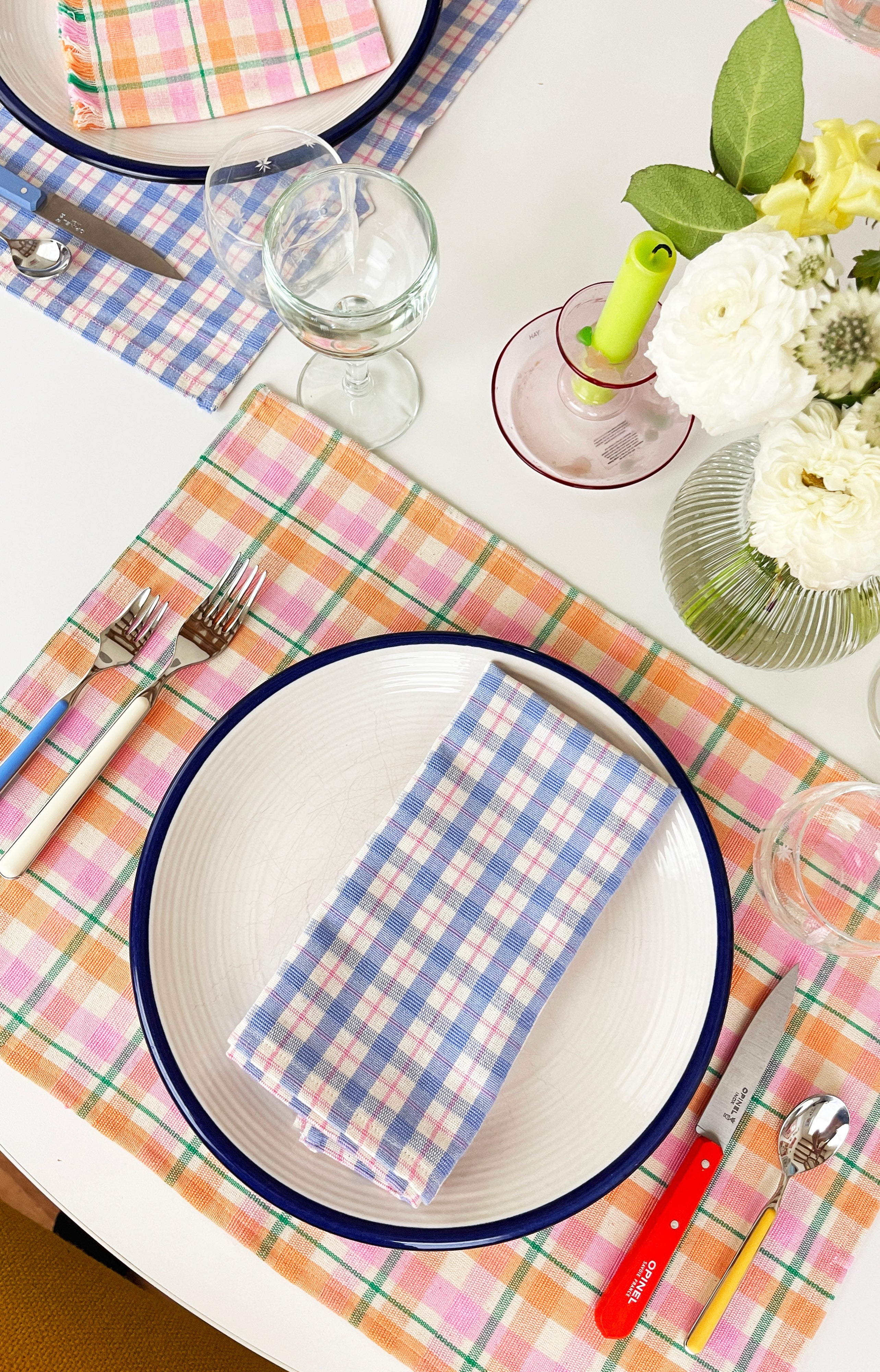 Sofia Plaid Dinner Napkin in Periwinkle Blue and Pink - Arte House