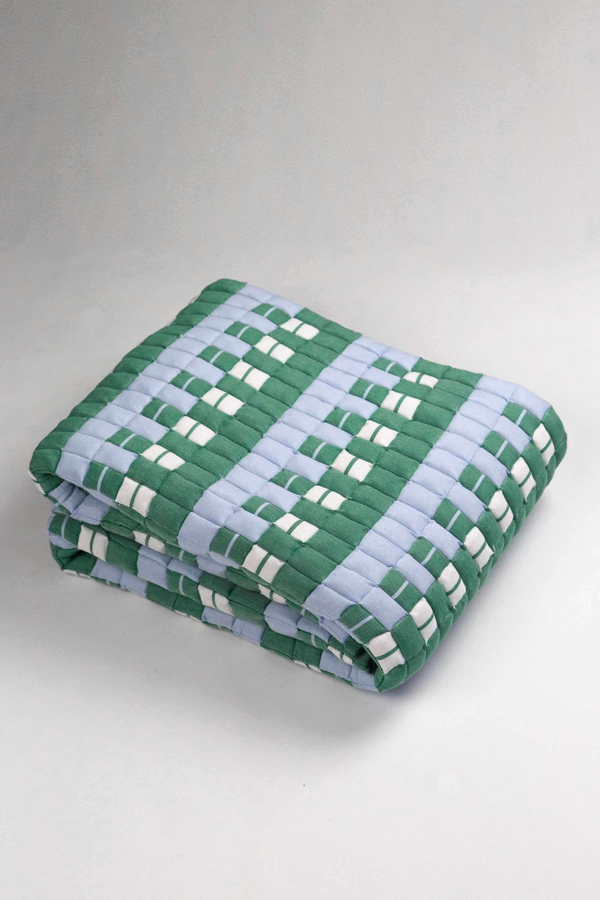 Quilted Sujani Throw Blanket - Soft Blue, White and Green