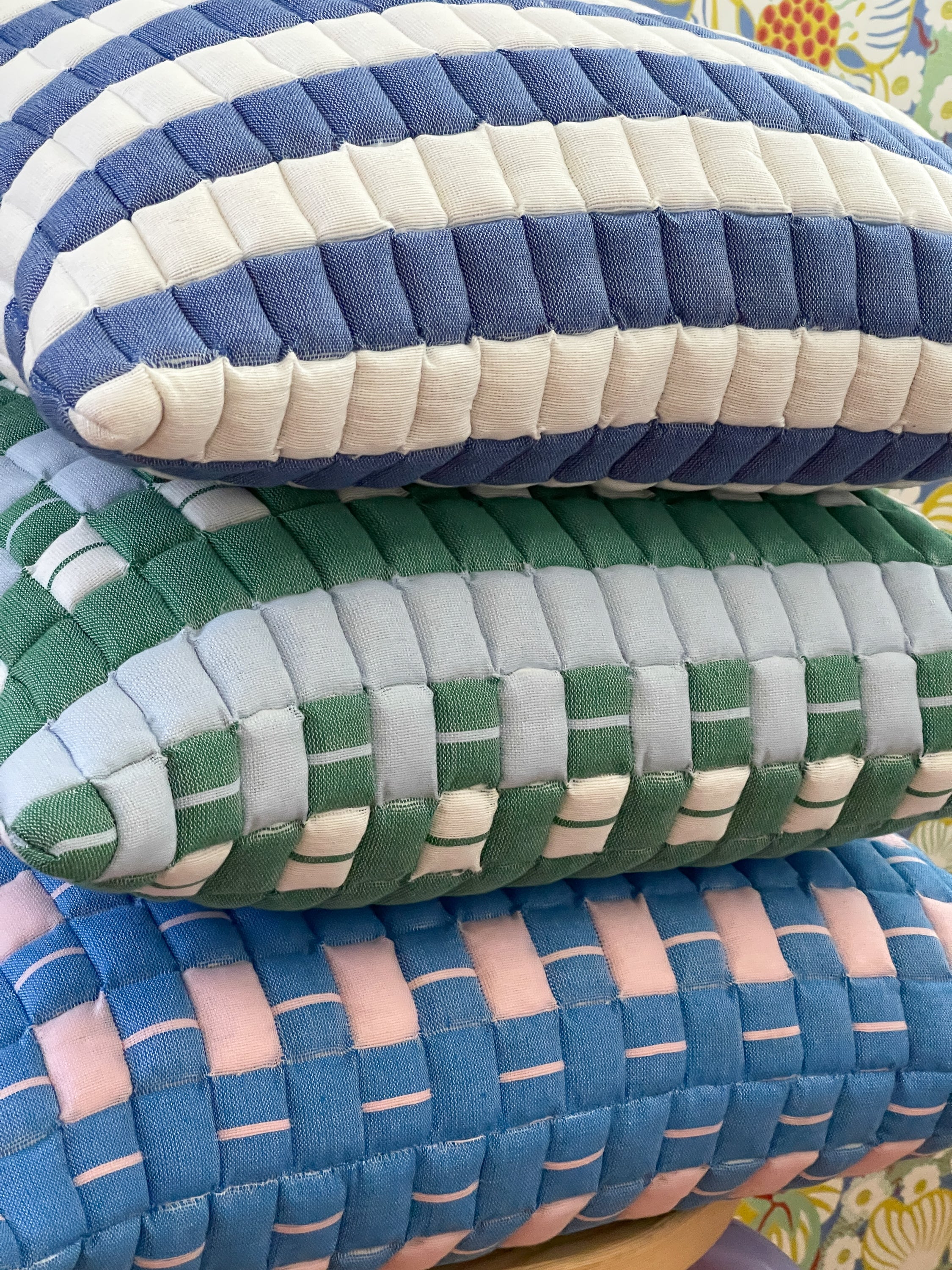 Sujani Quilted Pillow — Soft Pink and Blue