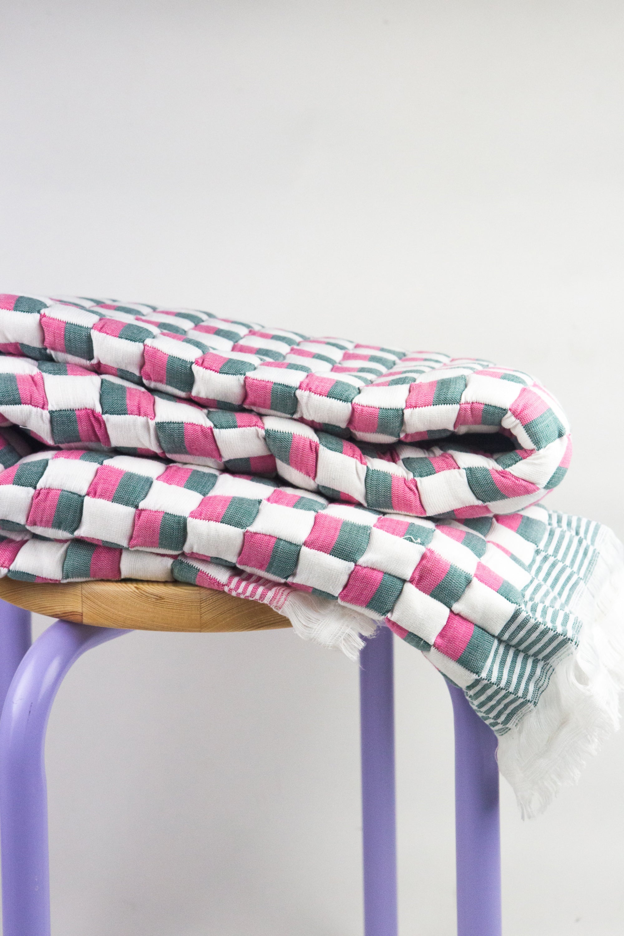 Quilted Sujani Throw Blanket - Pink, Green and White - Arte House