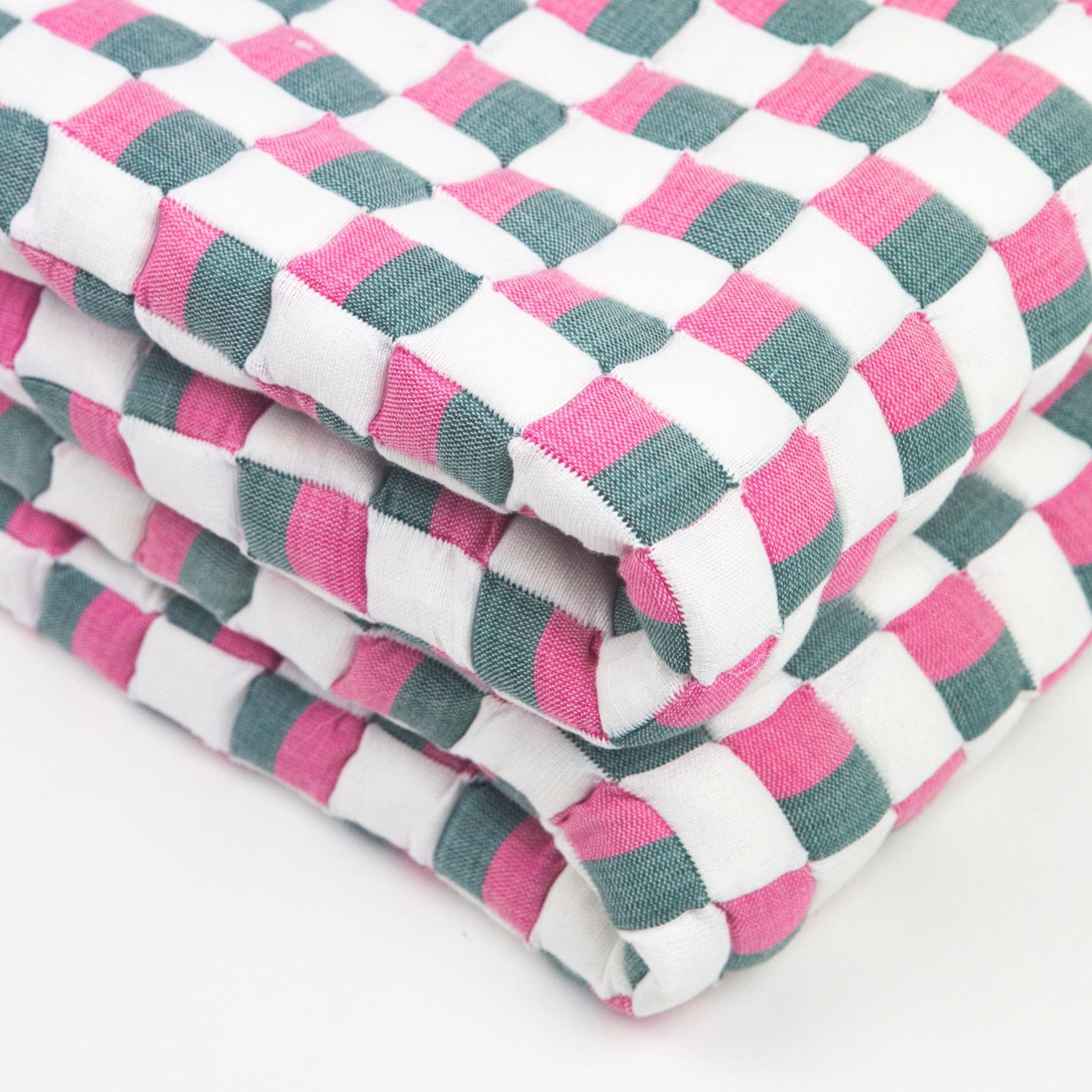 Quilted Sujani Throw Blanket - Pink, Green and White - Arte House