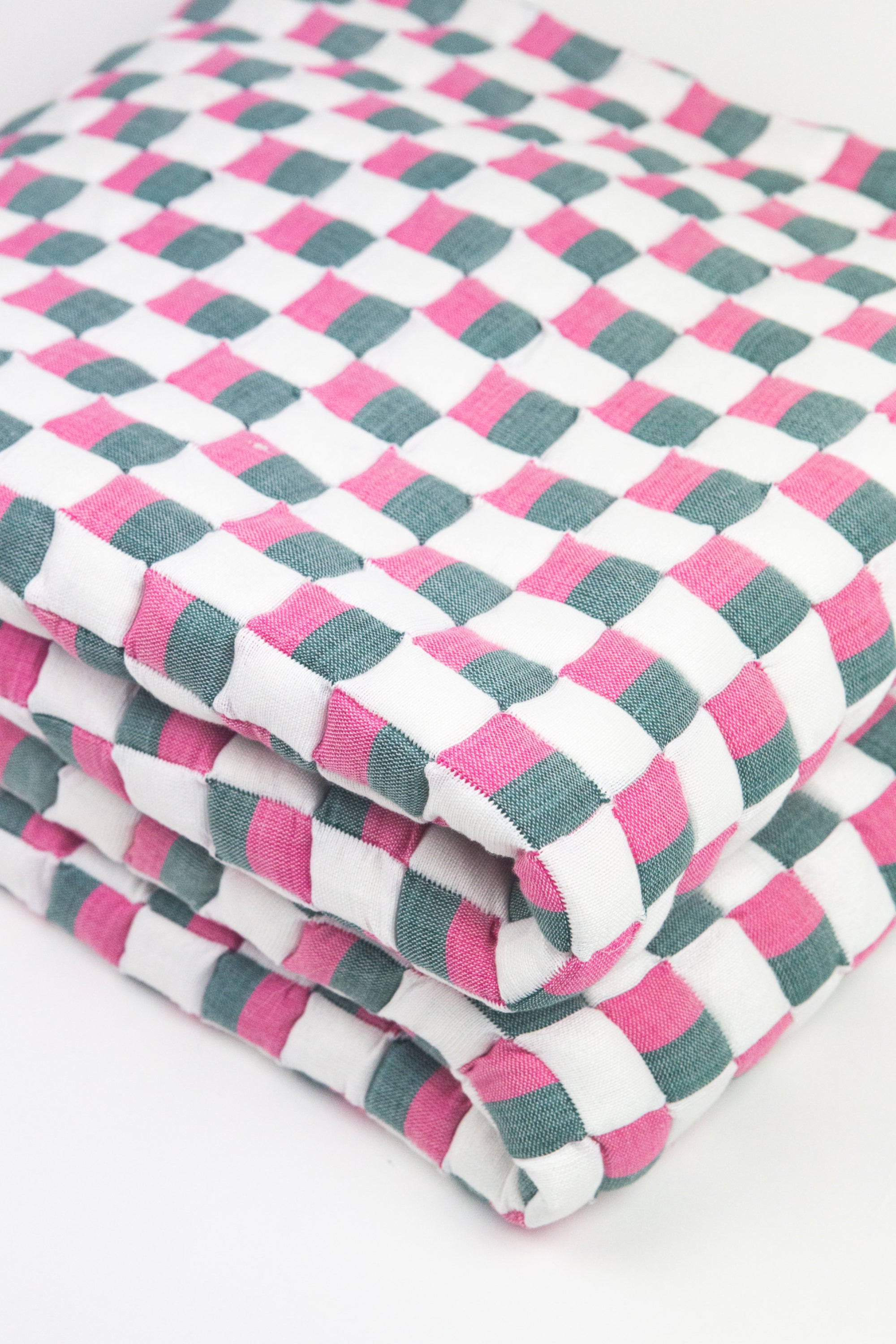 Quilted Sujani Throw Blanket - Pink, Green and White - Arte House