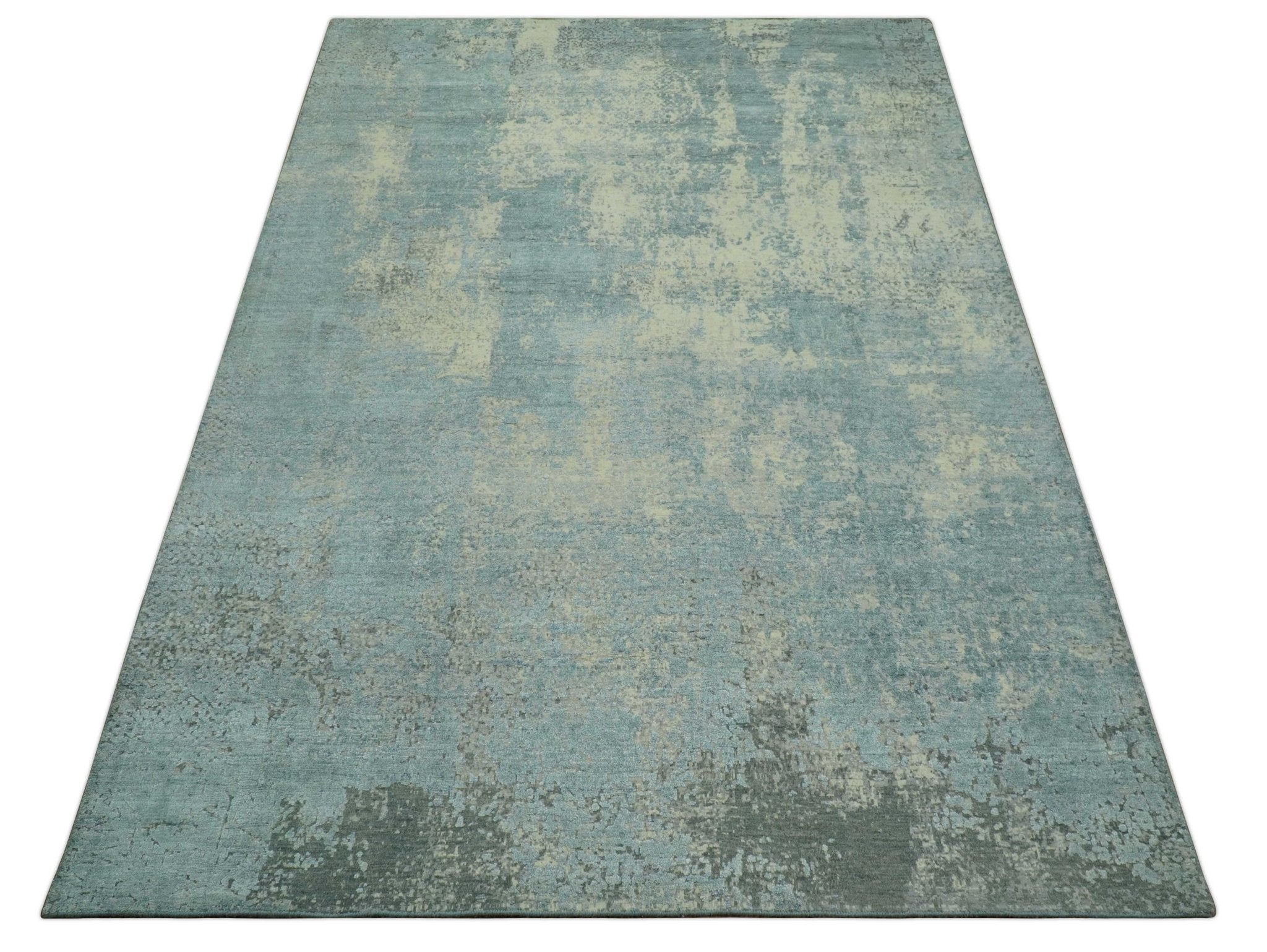 Abstract Design Blue, Beige And Gray 8x10 Hand Knotted Wool and Bamboo Silk Rug - Arte House