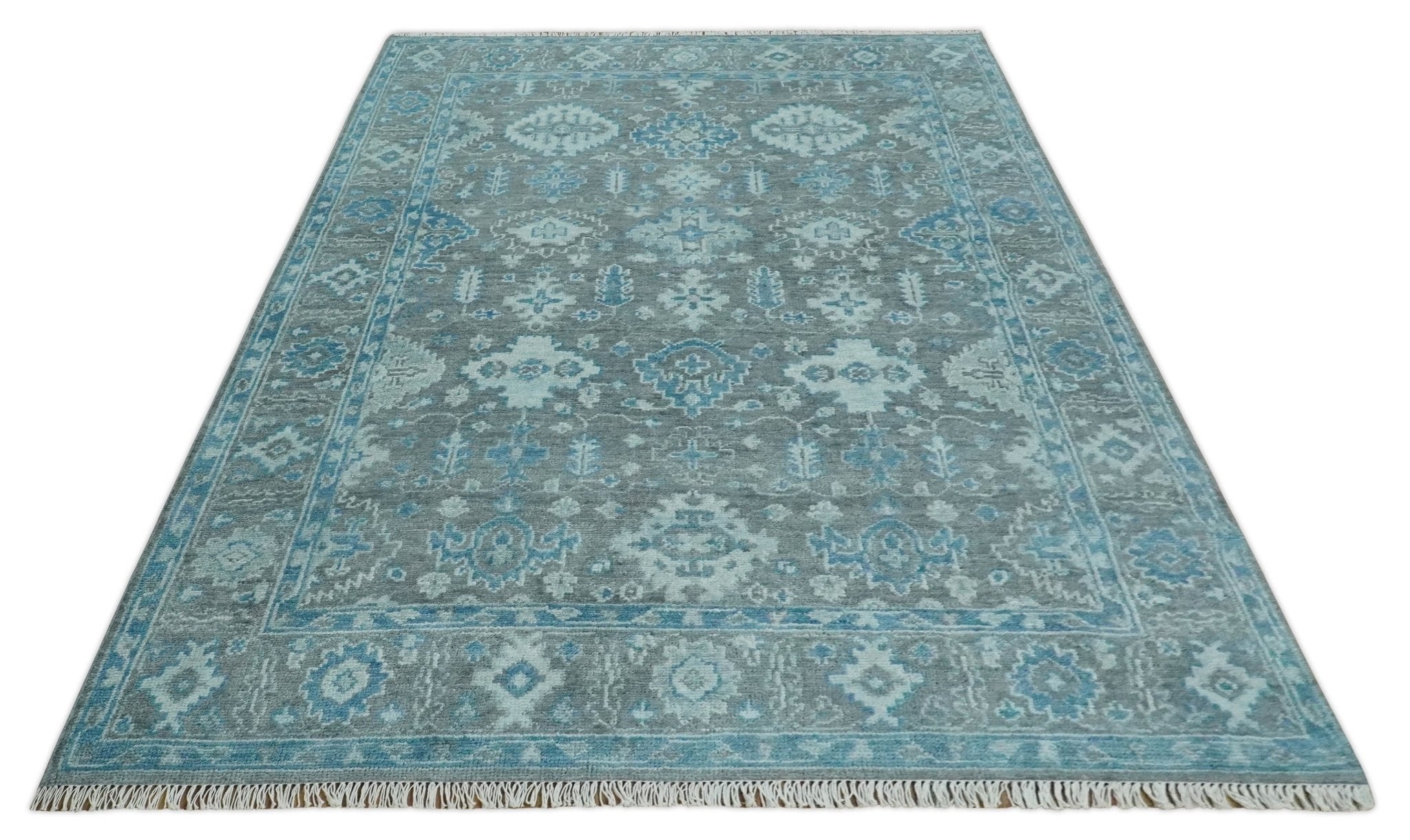 Antique Gray and Blue Hand Knotted 8x10 Oushak Turkish Wool Area Rug - Arte House