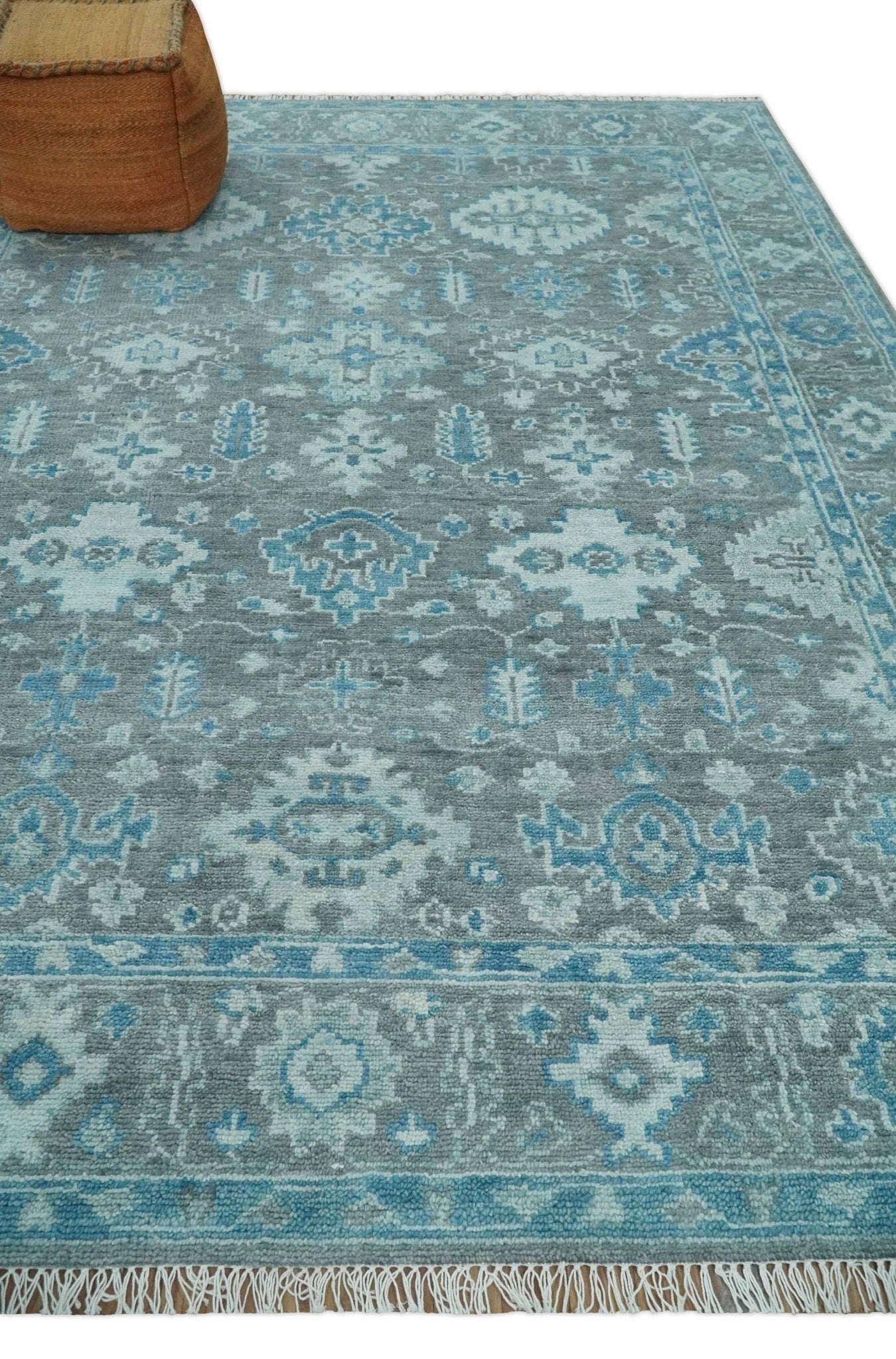 Antique Gray and Blue Hand Knotted 8x10 Oushak Turkish Wool Area Rug - Arte House